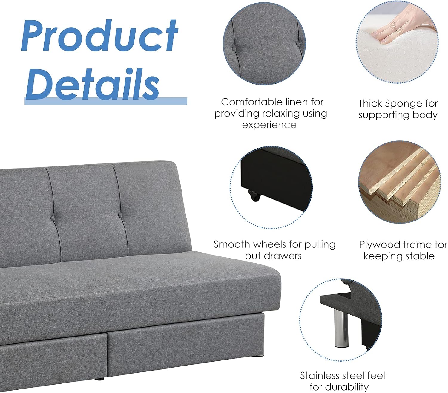 POWERSTONE Convertible Futon Sofa Bed 70" Modern Fabric Sofa Couch Adjustable Back with Two Huge Storage Drawers for Living Room, Bedroom, Apartment and Dorm