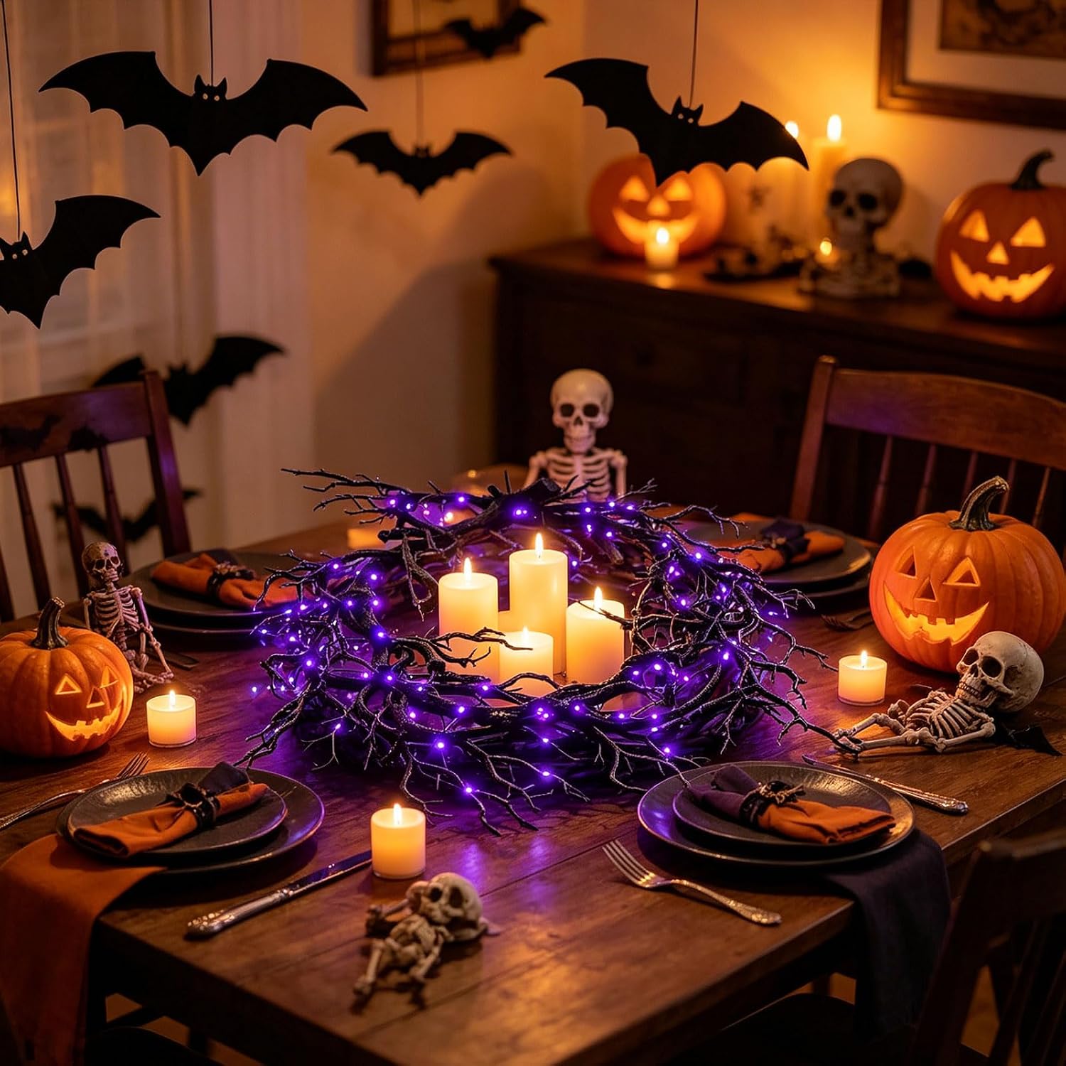 Halloween Wreath for Front Door, Halloween Lighted Black Branch Wreath