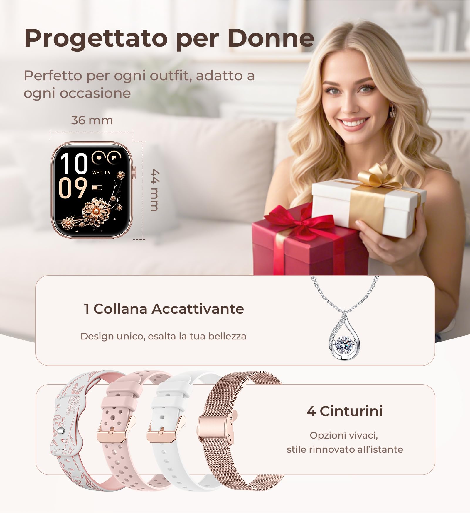 Iaret Smartwatch Donna, 4 Cinturini & Collana Regalo, 1.83" Orologio Chiamate HD, 110+ Sport Fitness Tracker, Monitoraggio Sonno/Frequenza Cardiaca/Ciclo/Contapassi, per iPhone/Android, Oro Rosa