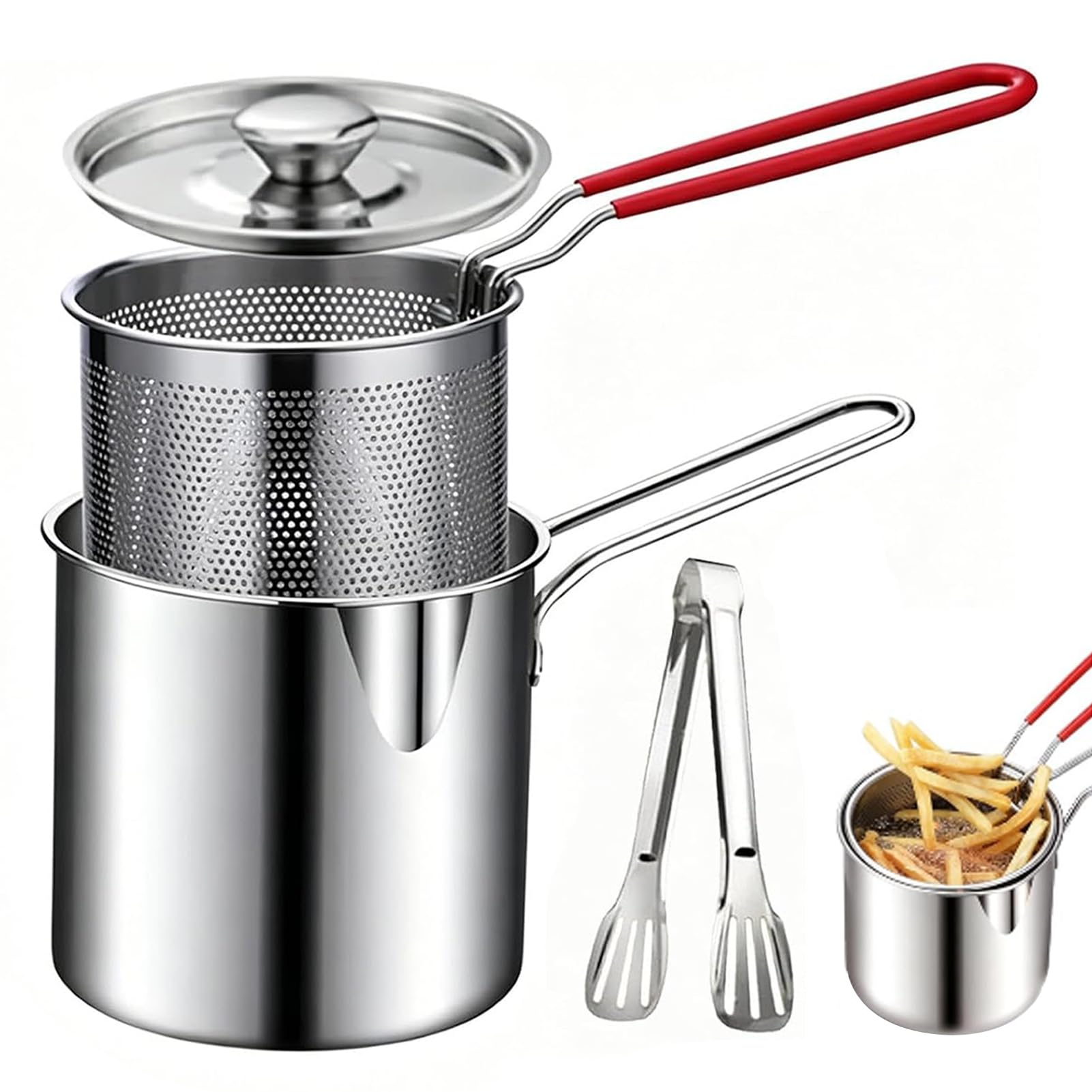 304 Stainless Steel Multifunctional Fryer, Splash‑Proof Deep Pot Design with Filter Basket, Home Deep Frying Pot, Deep Fryer Pot with Fry Tongs & Lid, Oil Filter Pot for Kitchen, Frying, Cooking