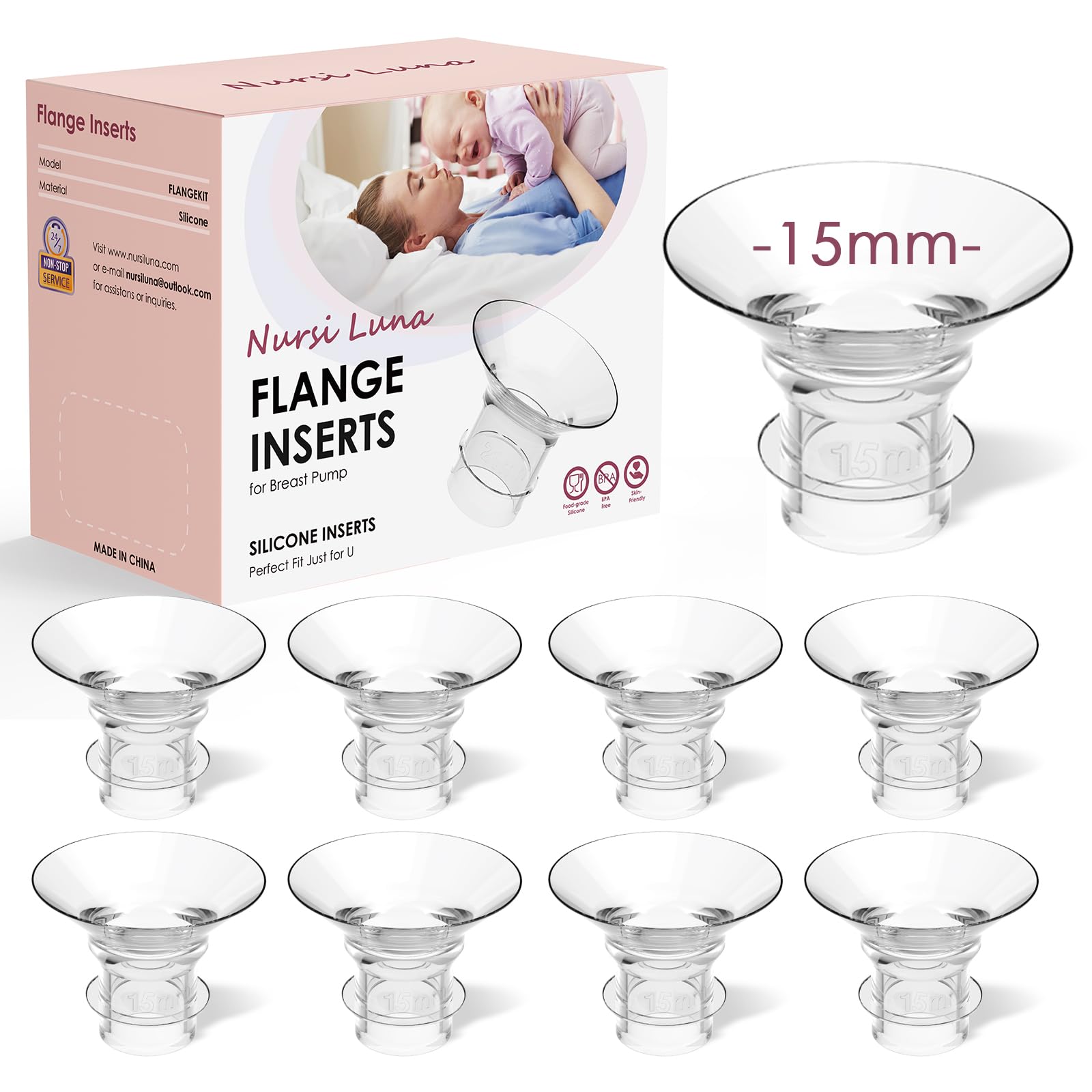 Flange Inserts 8PCS 15mm for 24mm Flange/Shield of Most Pumps, Flange Sizing Kit Silicone Flange Insert, Breastfeeding Essentials Kit for New Moms