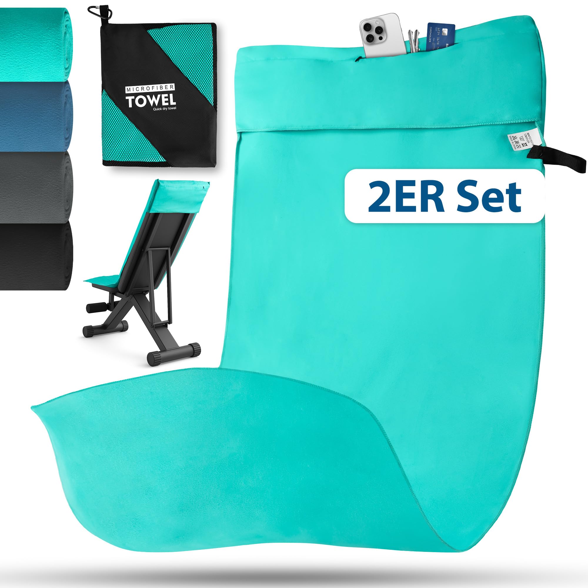 Novent Fitness Handtuch aus Mikrofaser 2er Set, 120x50cm Gym Handtuch mit Reißverschluss Tasche, Kompakt, rutschfest & Schnelltrocknend Sporthandtuch Fitnessstudio für Sport, Reise (Schwarz)