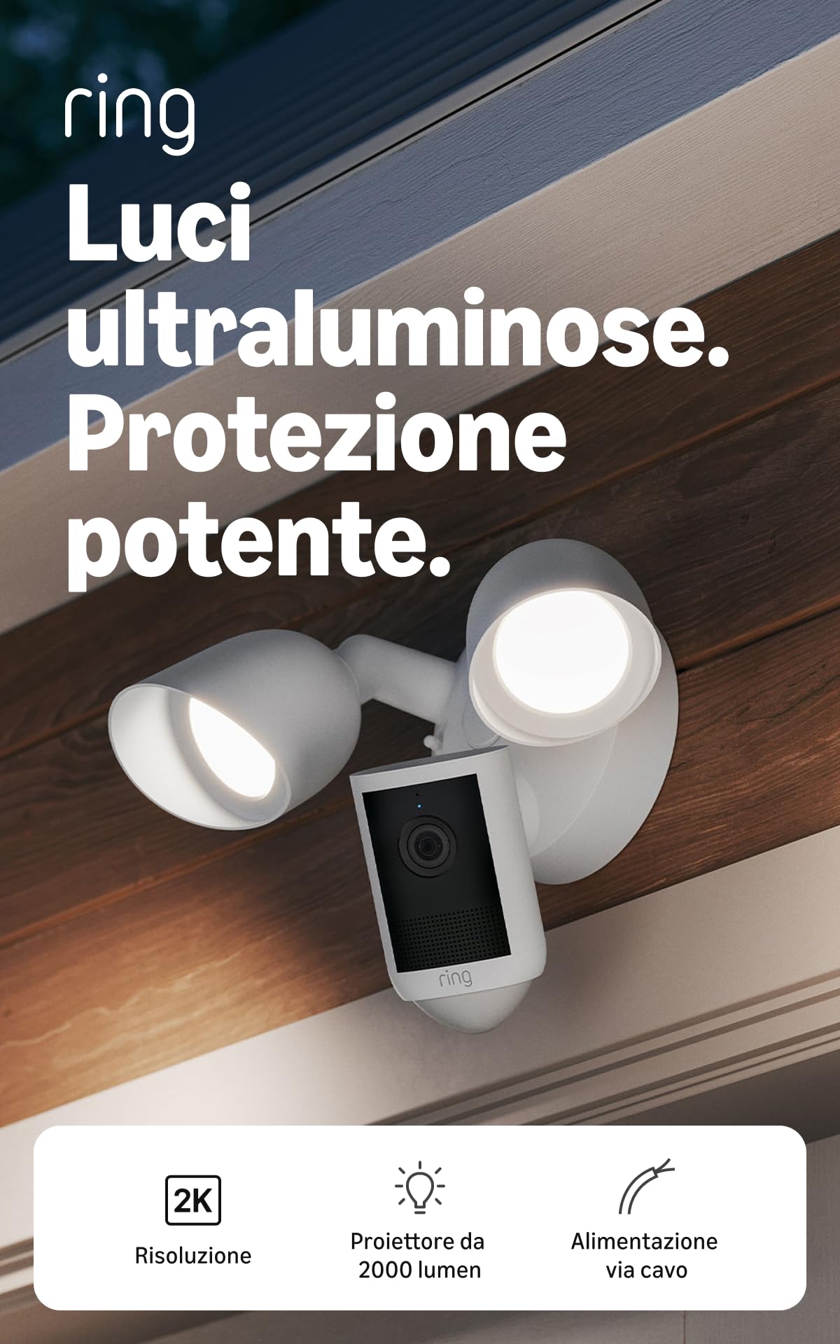 Ring Videocamera con proiettori (Floodlight Cam), alimentazione via cavo(ultimo modello),video 2K, zoom avanzato 6x, proiettori ultraluminosi,prova gratuita di 30 giorni del piano di abbonamento Ring