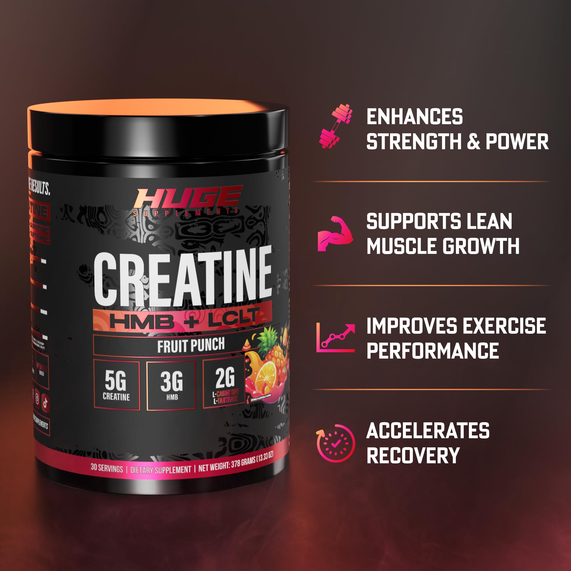 Huge Creatine HMB + LCLT, 5g Micronized Creatine Monohydrate with 3g HMB & 2g L-Carnitine L-Tartrate for Muscle Growth, Increased Strength, Enhanced Recovery & Improved Performance (Fruit Punch) — Amazon image 2