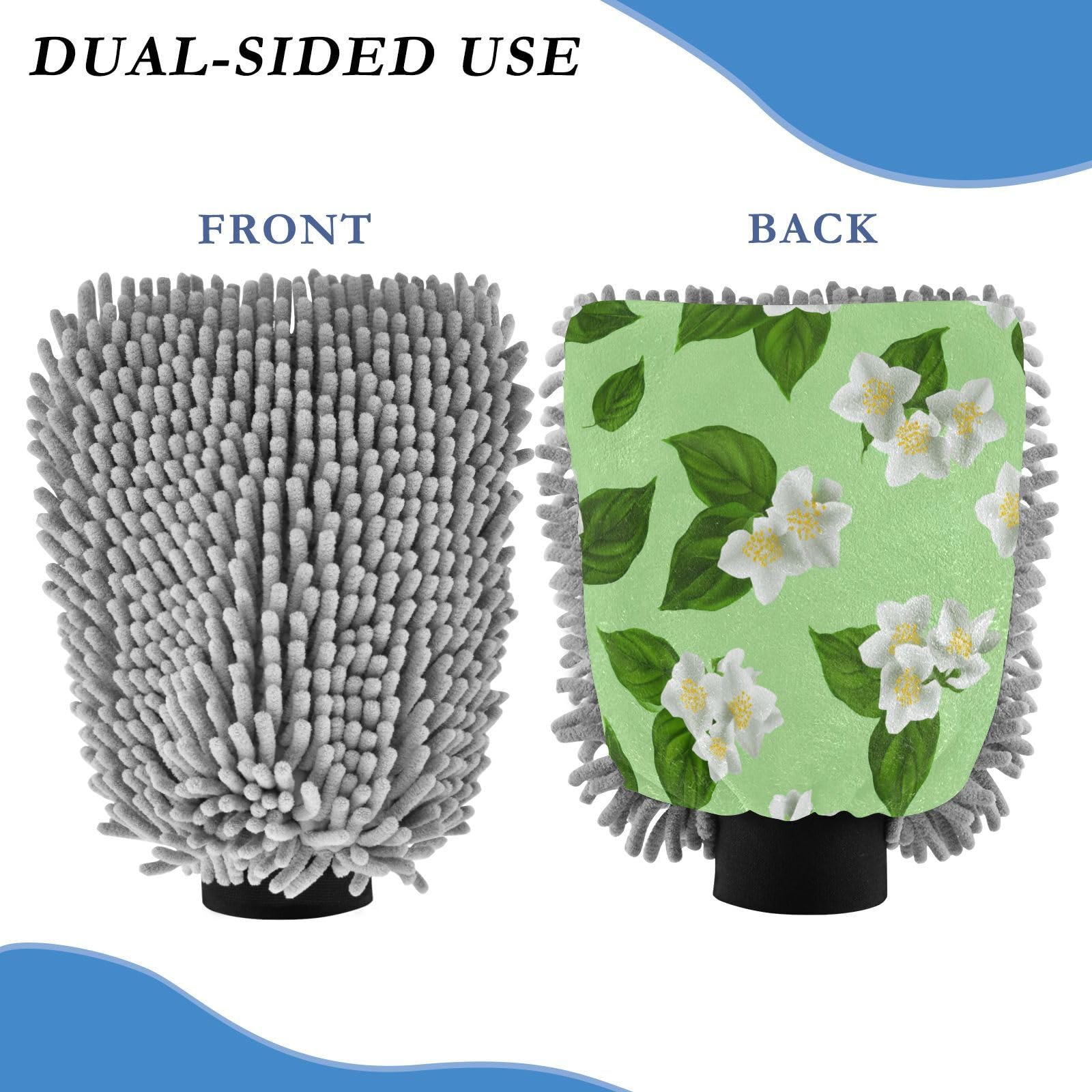Kigai White Jasmine Flowers Car Wash Mitt Microfiber, 2Pcs Scratch Free Lint-Free, Premium Chenille Microfiber Mitt Car Wash Brush-L