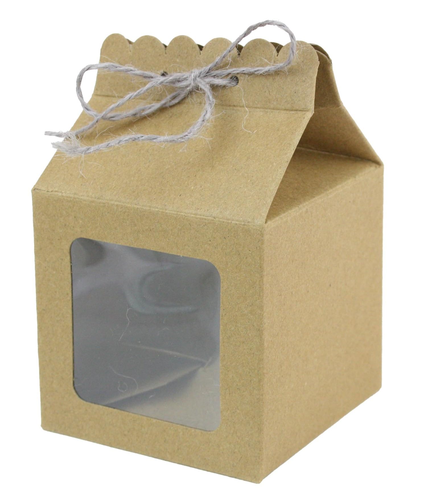 Emartbuy Scatola regalo autoportante in carta resistente, 8 x 8 x 14 cm, marrone, per caramelle, biscotti, con finestra trasparente, confezione da 96