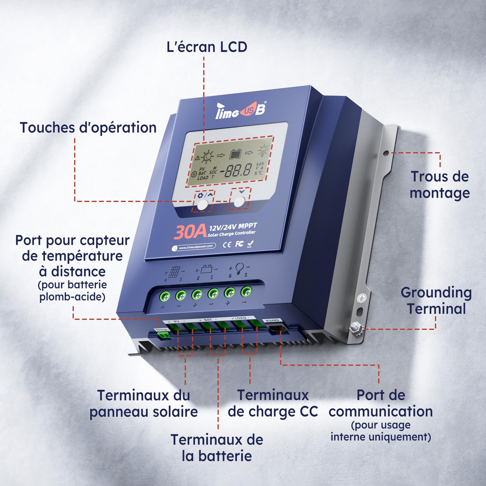 Timeusb 12V/24V 30A MPPT Régulateur de Charge Solaire pour Batterie Lithium | Reconnaissance Automatique 12/24V & Efficacité de Suivi à 99%,Contrôleur avec Écran LCD pour Plomb-Acide
