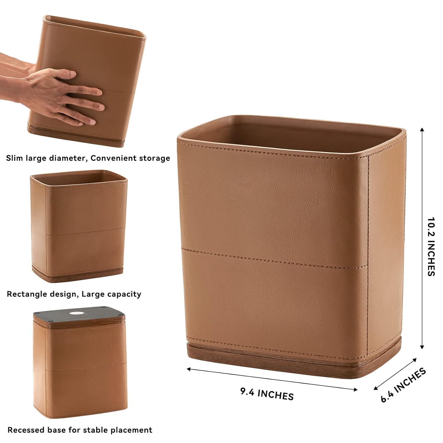 Polytree Bathroom Trash Can 1.8 Gallon(7 Liter) Small Kitchen Garbage Can,Decor Wastebasket for Bedroom Office,Brown （Resin-Imitated Leather Effect）