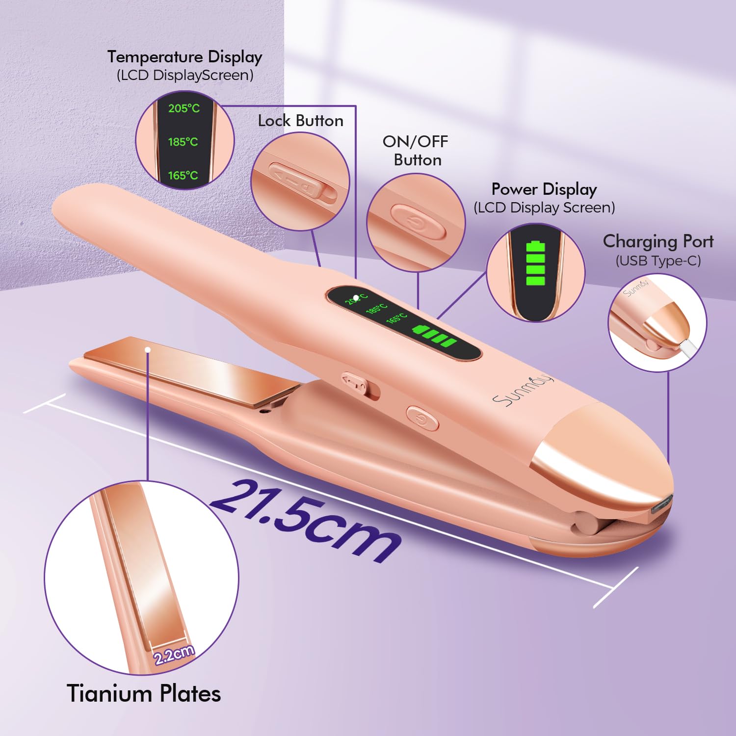 SUNMAY Voga Fer à lisser Sans Fil 2 en 1, Lisseur Boucleur Cheveux Titane Mini Voyage USB Rechargeable, 3 Réglages Température Chauffage Rapide, 5000 mAh Rose