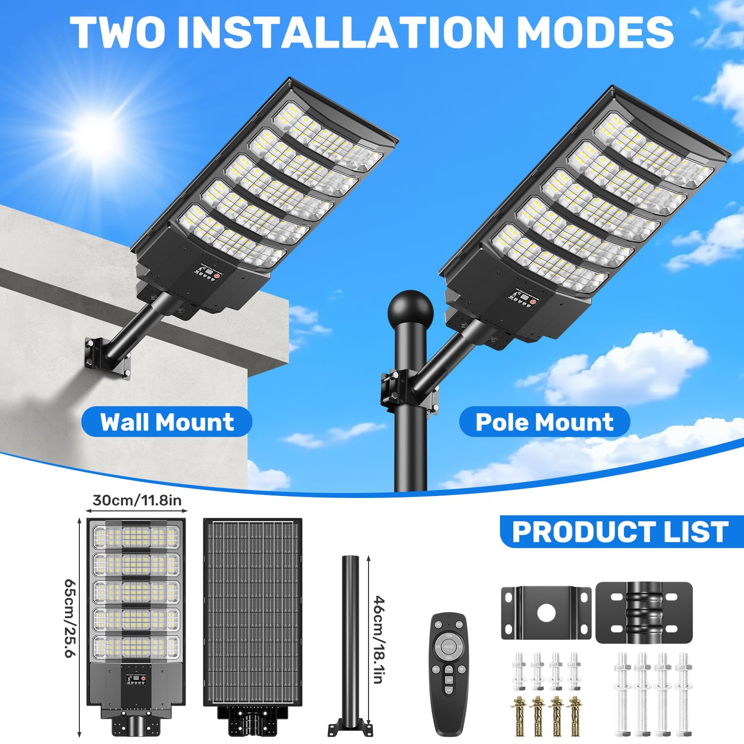 Lampione Solare LED Esterno 8000W Ultra Luminoso, Faretto Stradale IP66 Impermeabile con Sensore di Movimento e Telecomando, 6500K Lampioni Solari da Giardino Esterno per Strade, Cortili