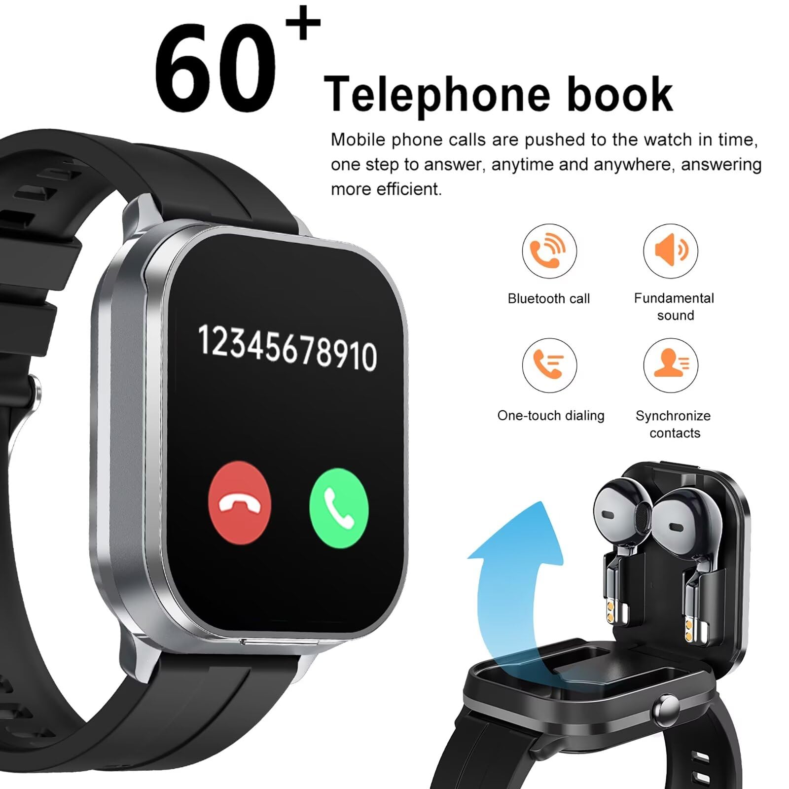findtime smartwatch con cuffie Bluetooth Earbuds orologio con cuffie all'interno senza fili, invisibile, mini in auricolari, contapassi, orologio sportivo da uomo
