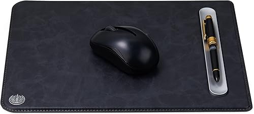 Lujosa alfombrilla de ratón de cuero con ranura para bolígrafo de aluminio, elegante y práctico-marrón. Con soporte para bolígrafo de aluminio CNC
