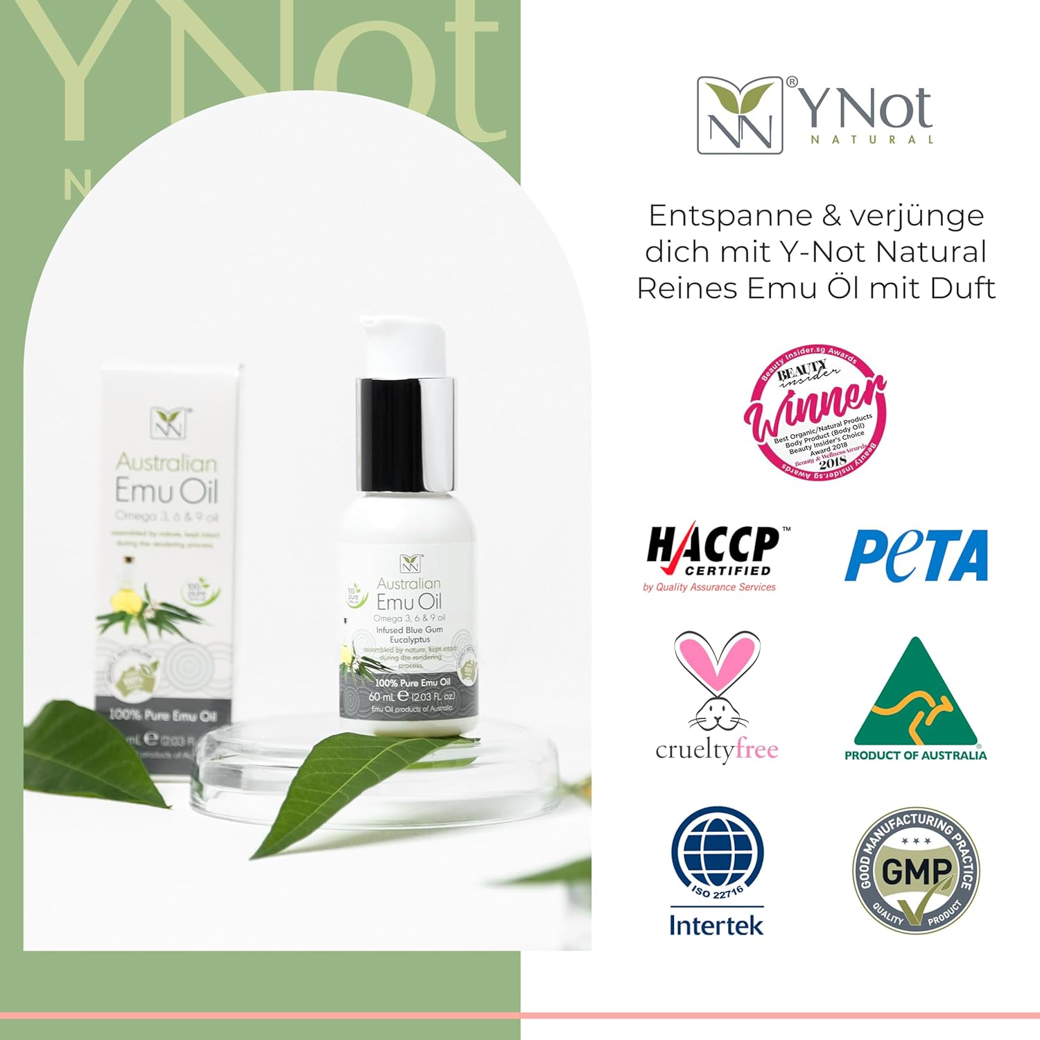 Y Not Natural Pure Emu Oil - Organic Moisture for Face, Body, Hair, Scalp & Nails - Rich in Omega 3-6-9, Vitamins & Essential Minerals - Australian Emu Oil (60ml) 2.03 fl oz - Blue Gum Eucalyptus