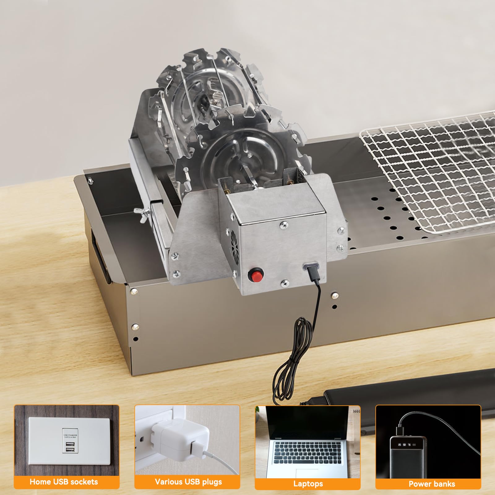 Nikou Spiedino Girevole Rotisserie Grill, Automatico per Barbecue Girevole per Kebab, Spiedini e Arrosti, Barbecue da Tavolo Elettrico con 16,5 a 29,5 cm Base Telescopica