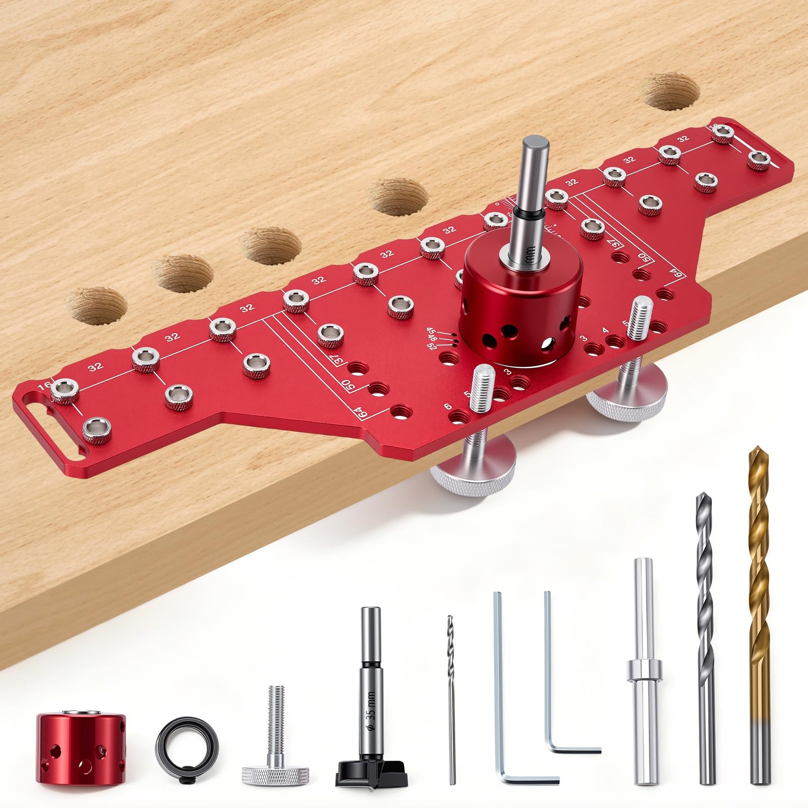 Lange Regalstift-Bohrschablone & 35mm Scharniervorrichtung 2 in 1 (351mm), für Doppeltürschränke & große Möbel, Aluminium Bohrvorrichtung Präzision mit 5mm & 1/4” Bohrern