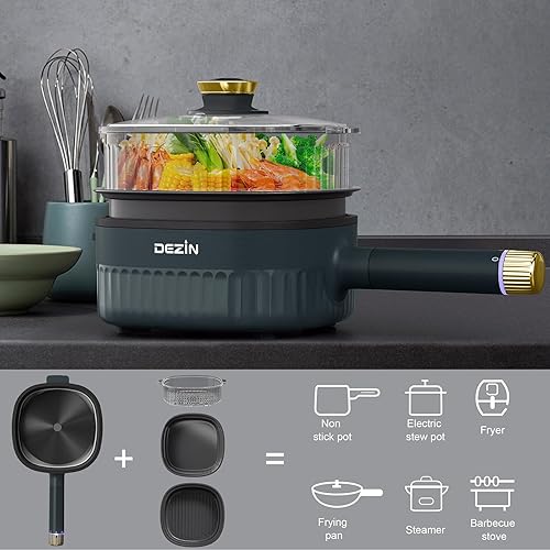 Miniatura 3 de DEZIN Olla eléctrica de 3 L, olla eléctrica antiadherente con sartén para parrilla de 2 L y vapor de 2.5 L, cocina eléctrica 3 en 1 con doble nivel