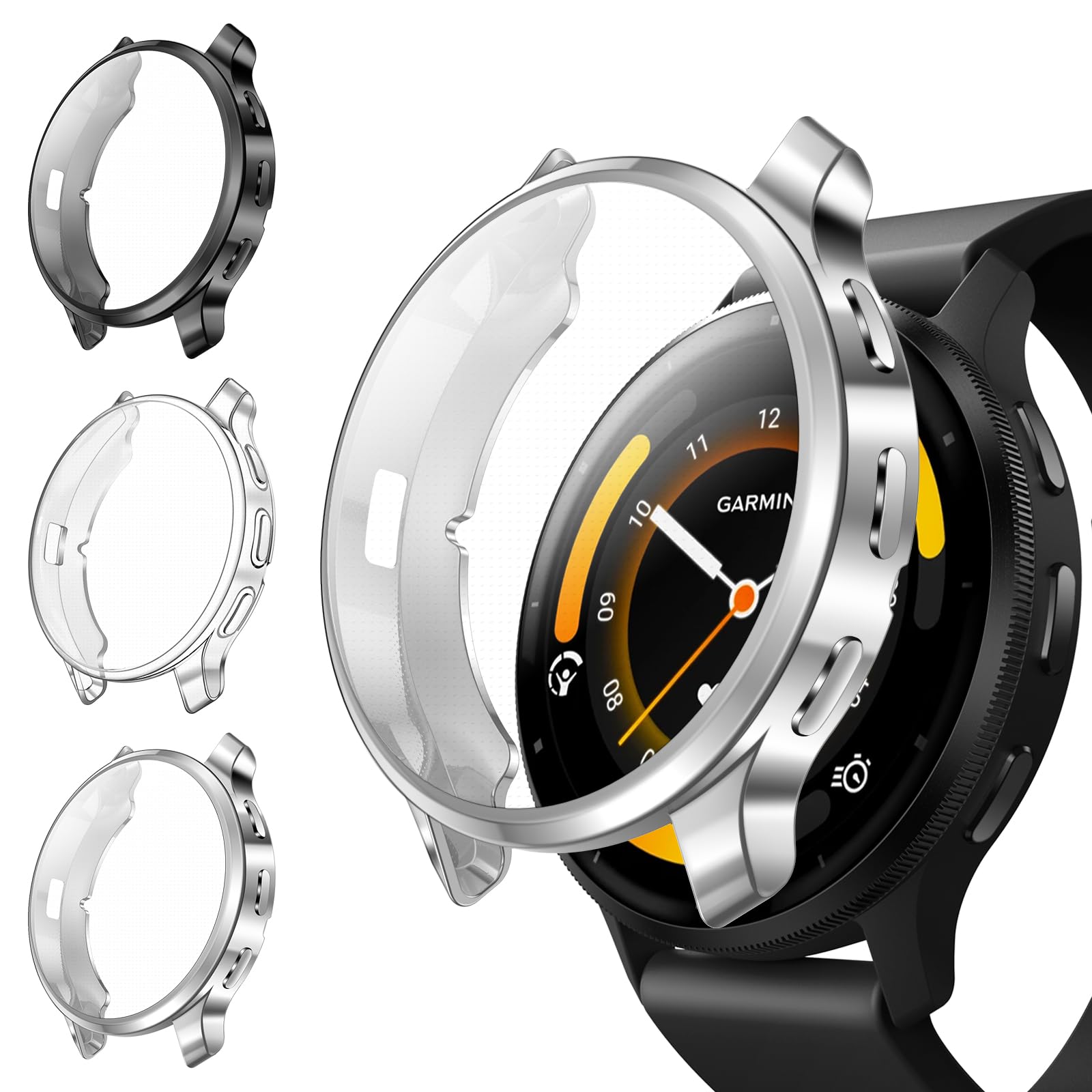 Fintie 3 Packs Screen Protector Case Compatible with Garmin Venu 3 (45mm), Soft TPU Plated Bumper Full Cover Protective Cases [Scratch-Proof], Black/Silver/Clear