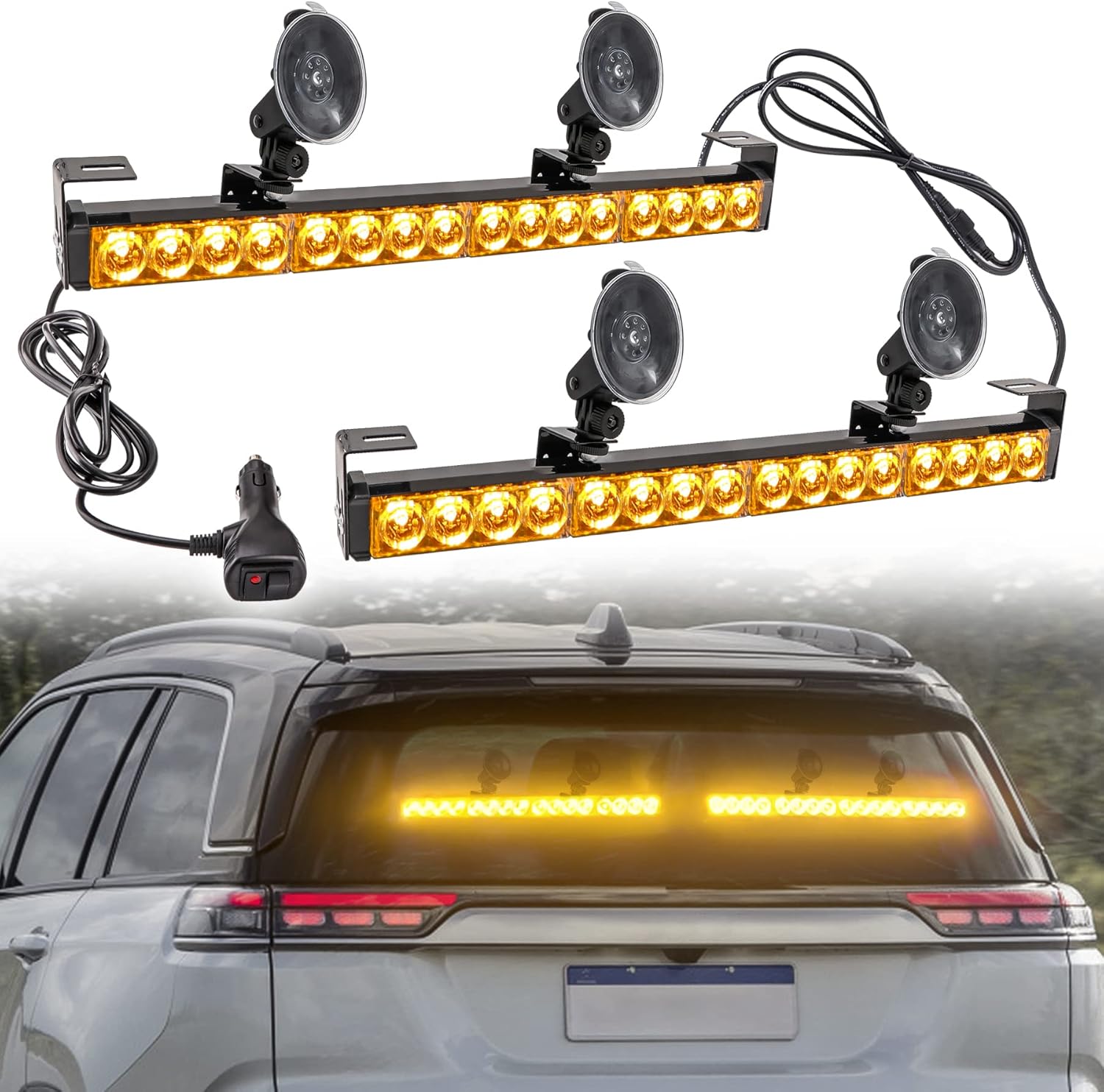 LE-JX Amber 2 in 1 Emergency Strobe Light Bar 21 Flash Patterns Yellow Traffic Advisor Warning Hazard Windshield Safety Lights Bar with Cigar Lighter for Police Vehicles, Truck (2×16.8 inch, 32 Led)