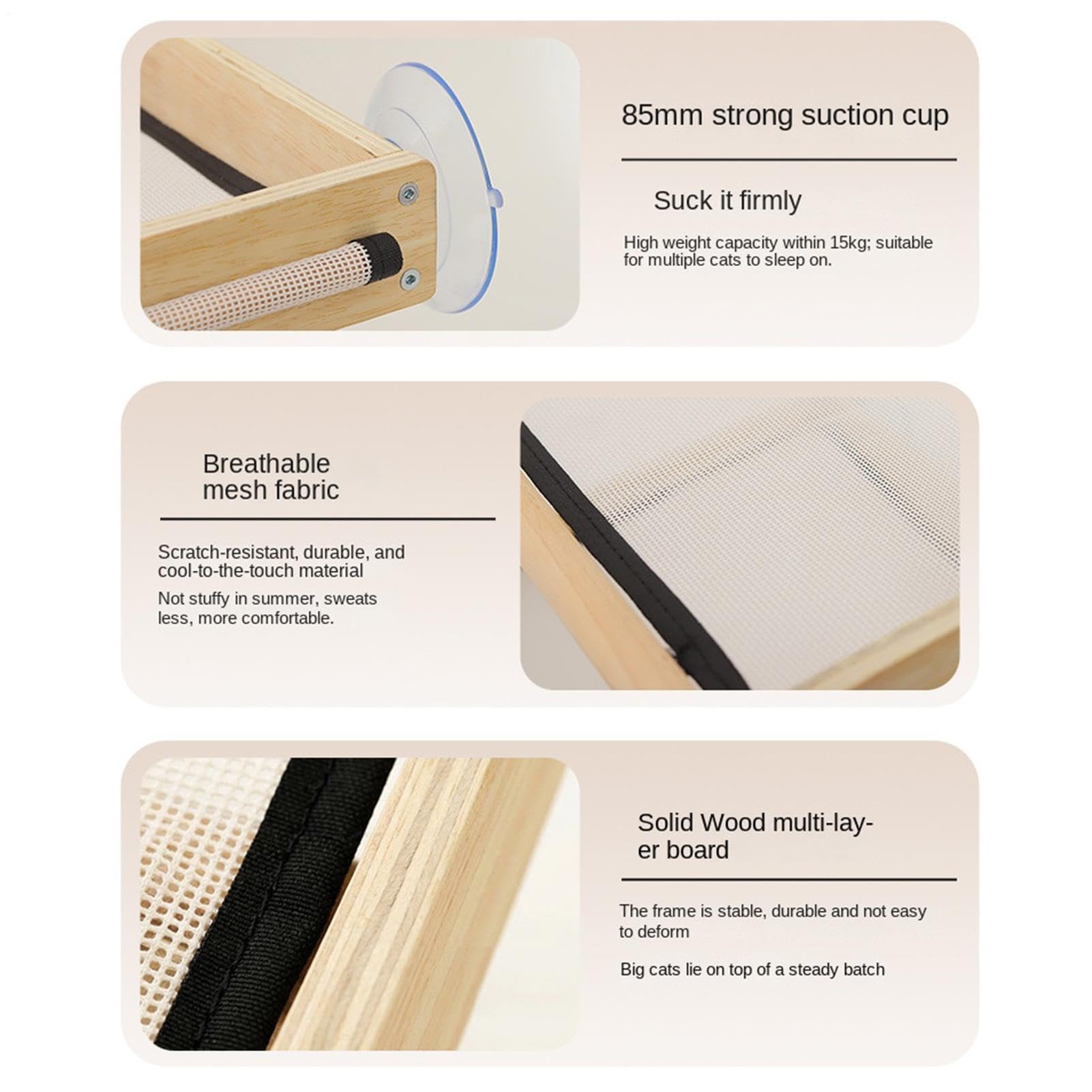 Hamaca Para Gato De Ventana Percha de Madera con Ventosas para Mascotas | Asiento de Ventana Interior para Gato Pequeño para Interior Alféizar Ventana junto Cama Pequeño Mediano Grande y