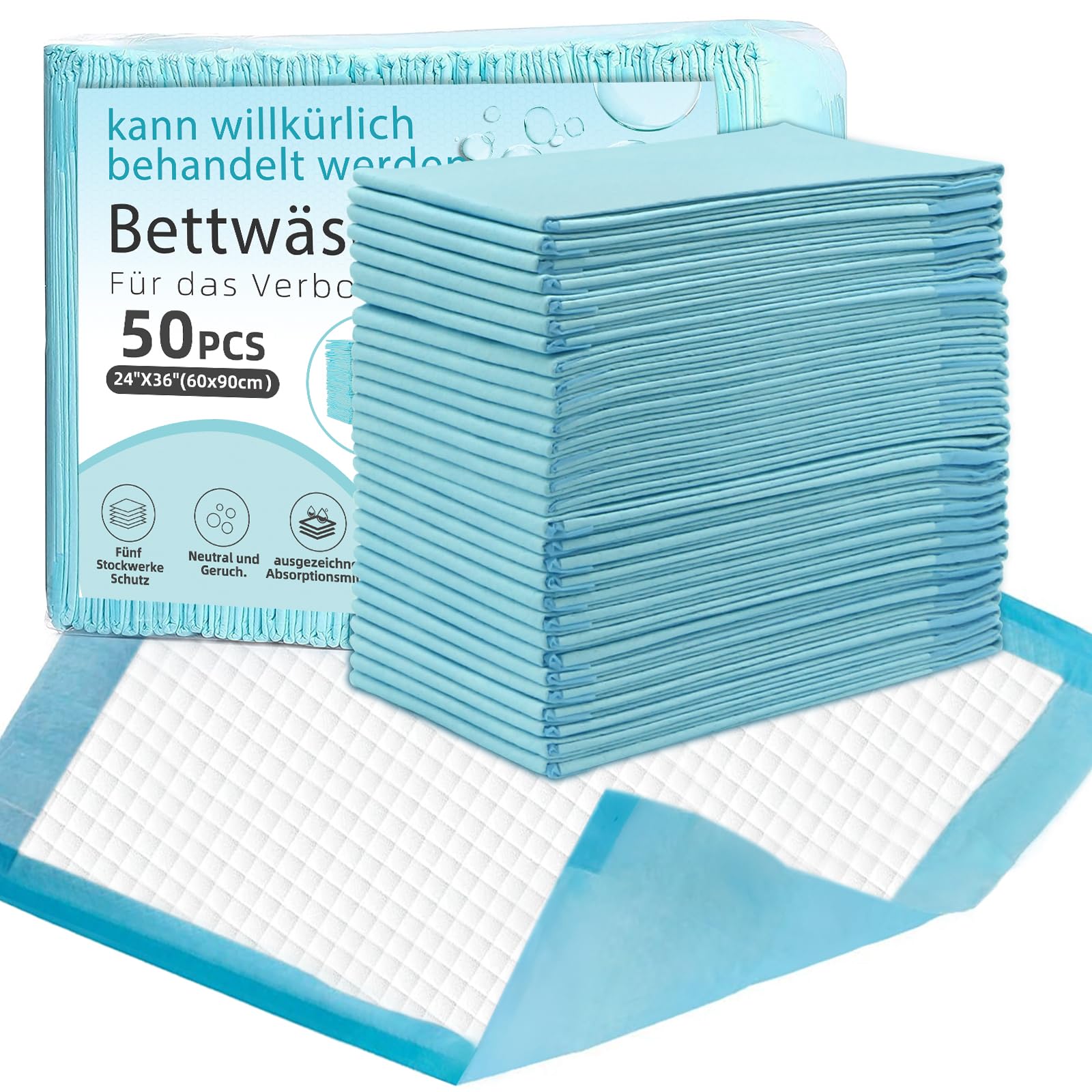 Wegwerf-Bettpads für Inkontinenz 50 Stück 60x90cm 5-lagig,90g/Stück,SAP 6g Betteinlagen Inkontinenz Einweg Erwachsenen, Heavy Duty Bettpads Inkontinenz, Einweg-Wickelunterlagen