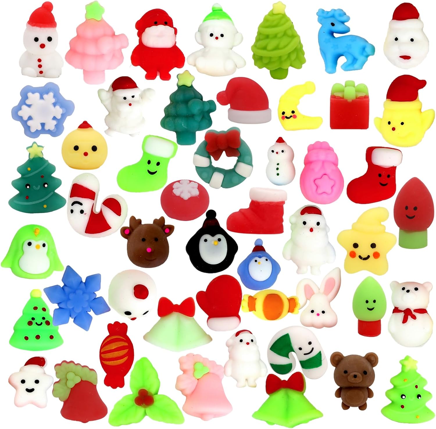 50 Pcs Christmas Mochi Squishy Toy Party Favors,Mini Squishies Cute Squeeze Toy Stress Reliever Anxiety Packs for Kid