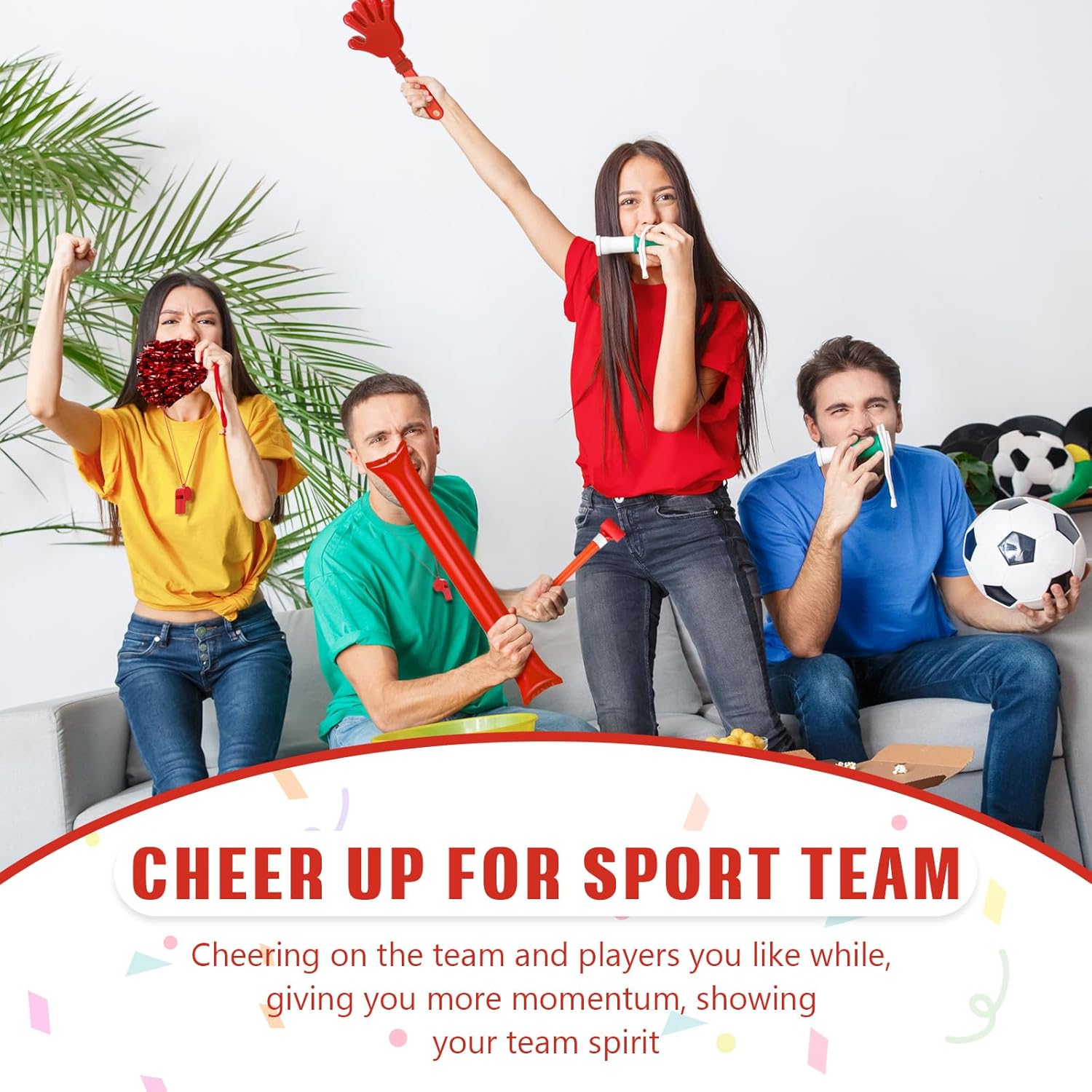 48 Pcs Cheerleading Pom Poms Thunder Sticks Plastic Whistles with Lanyards Squawker Horns Hand Clappers