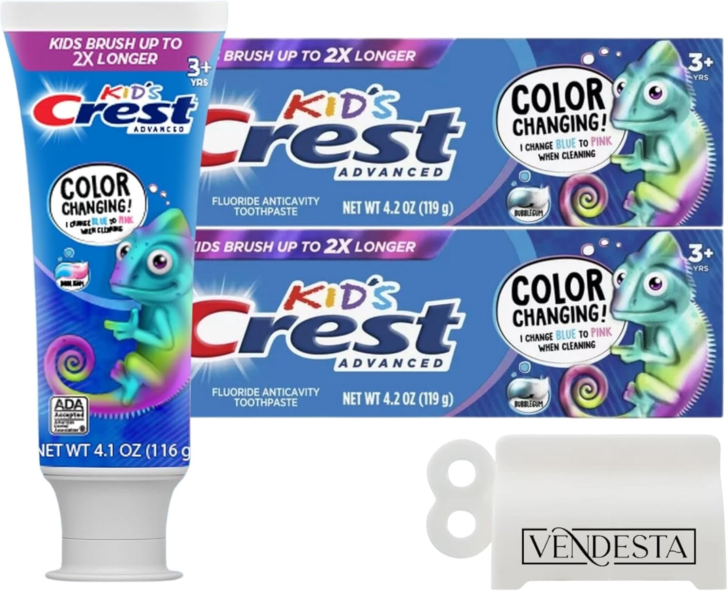 Crest Kids Color Changing Toothpaste Bundle: 2-Pack Bubblegum Flavor 4.2 oz + VenDesta Toothpaste Squeezer – Fun & Effective Toothbrushing for Kids 3-12, Fights Cavities, Engages Children in Oral Care