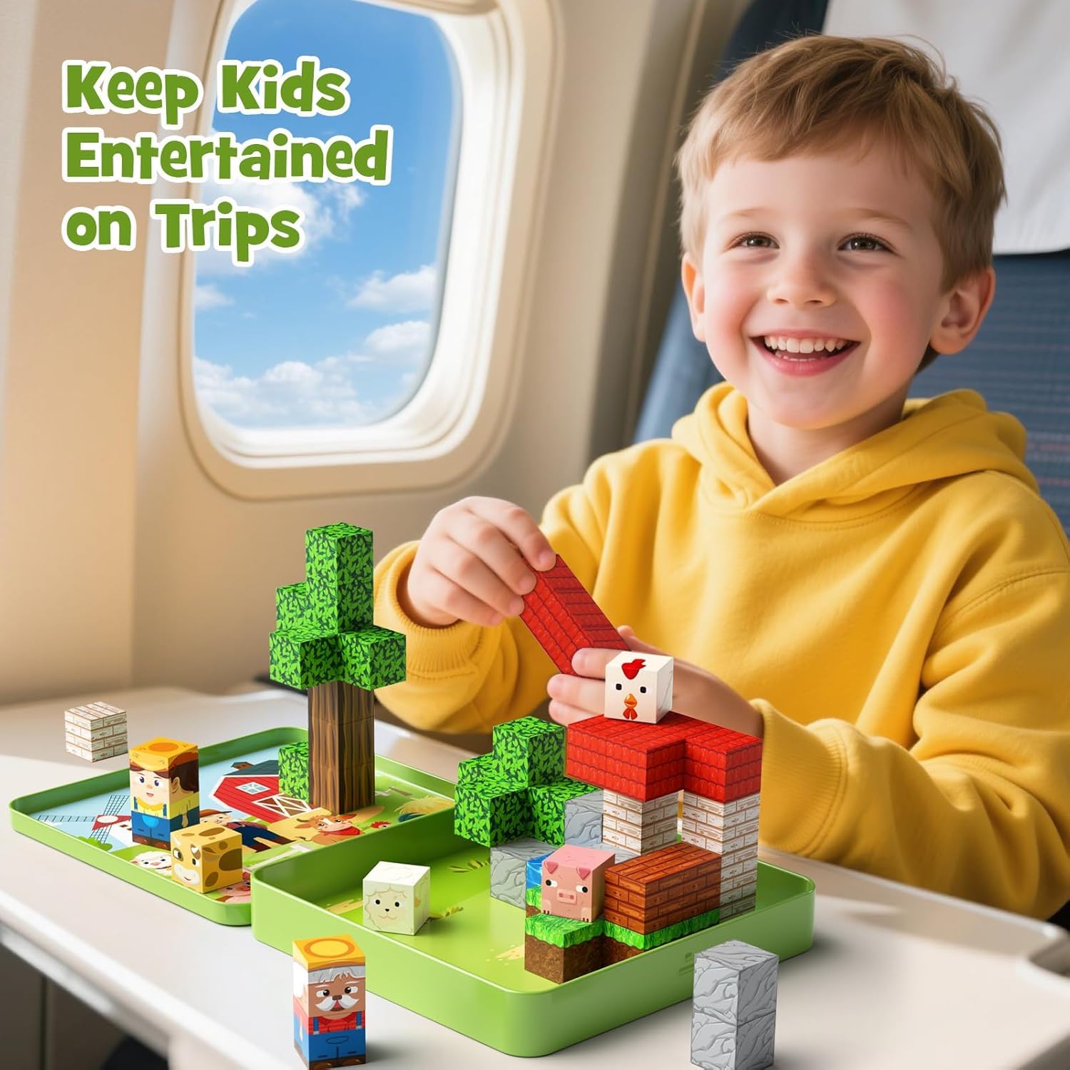 Giocattoli da viaggio a blocchi magnetici, 49 pezzi di blocchi da costruzione magnetici per bambini da 3-8 anni, giocattoli da viaggio per l'apprendimento prescolare STEM (Tema della fattoria)