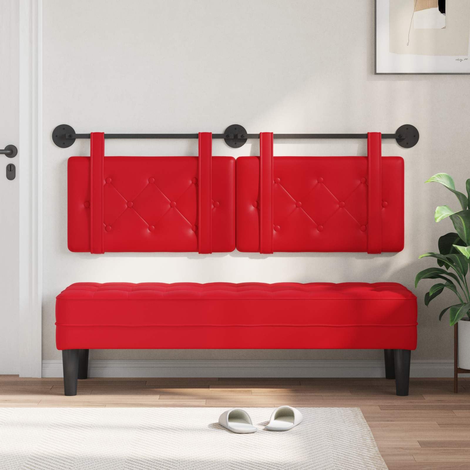 Cabecero colgante rojo de piel sintética con acolchado de espuma, montaje en pared, 150 x 55 cm, juego de 2 unidades, versátil para dormitorio, habitación de invitados, cama doble y cojín de
