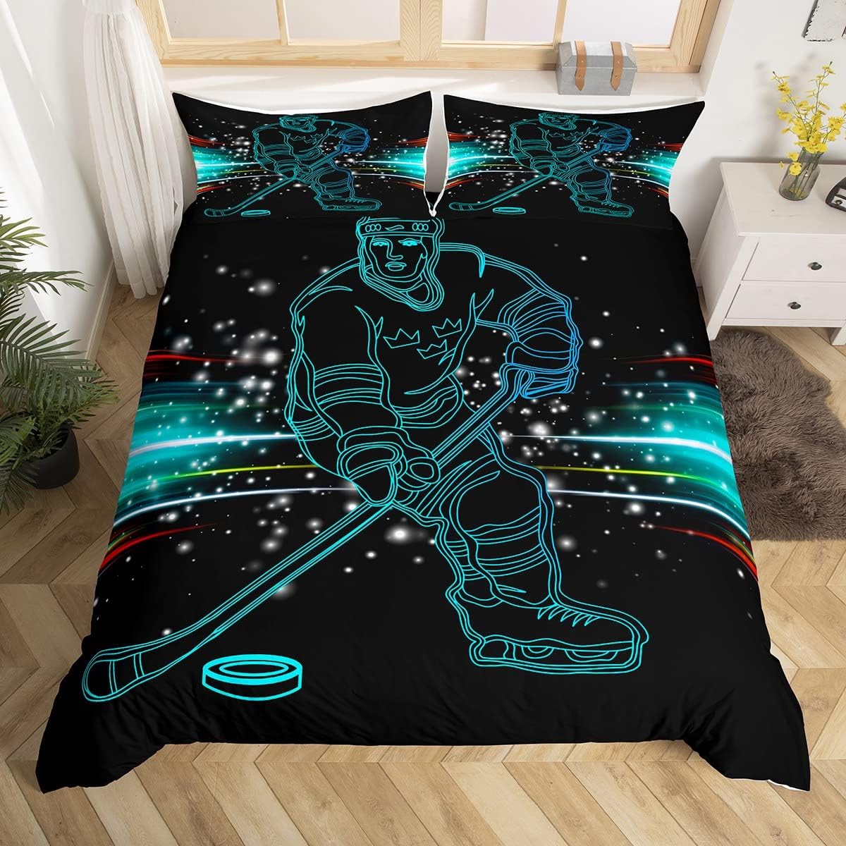 Ice Hockey Duvet Cover Ice Sports Games Print Bedding Set Hockey Player