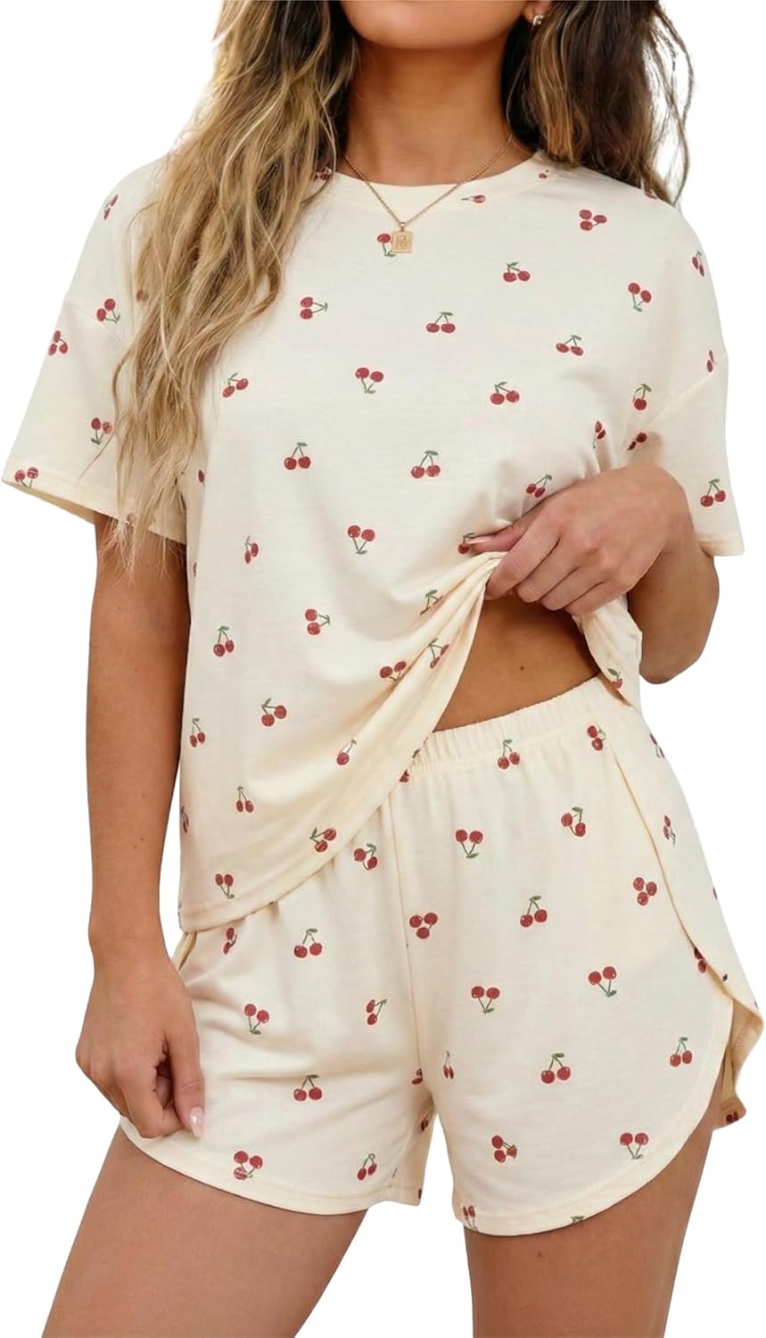 Womens Pajama Sets Striped Print Two Piece Lounge Set Crew Neck Short Sleeve Tee and Side Split Shorts Sleepwear