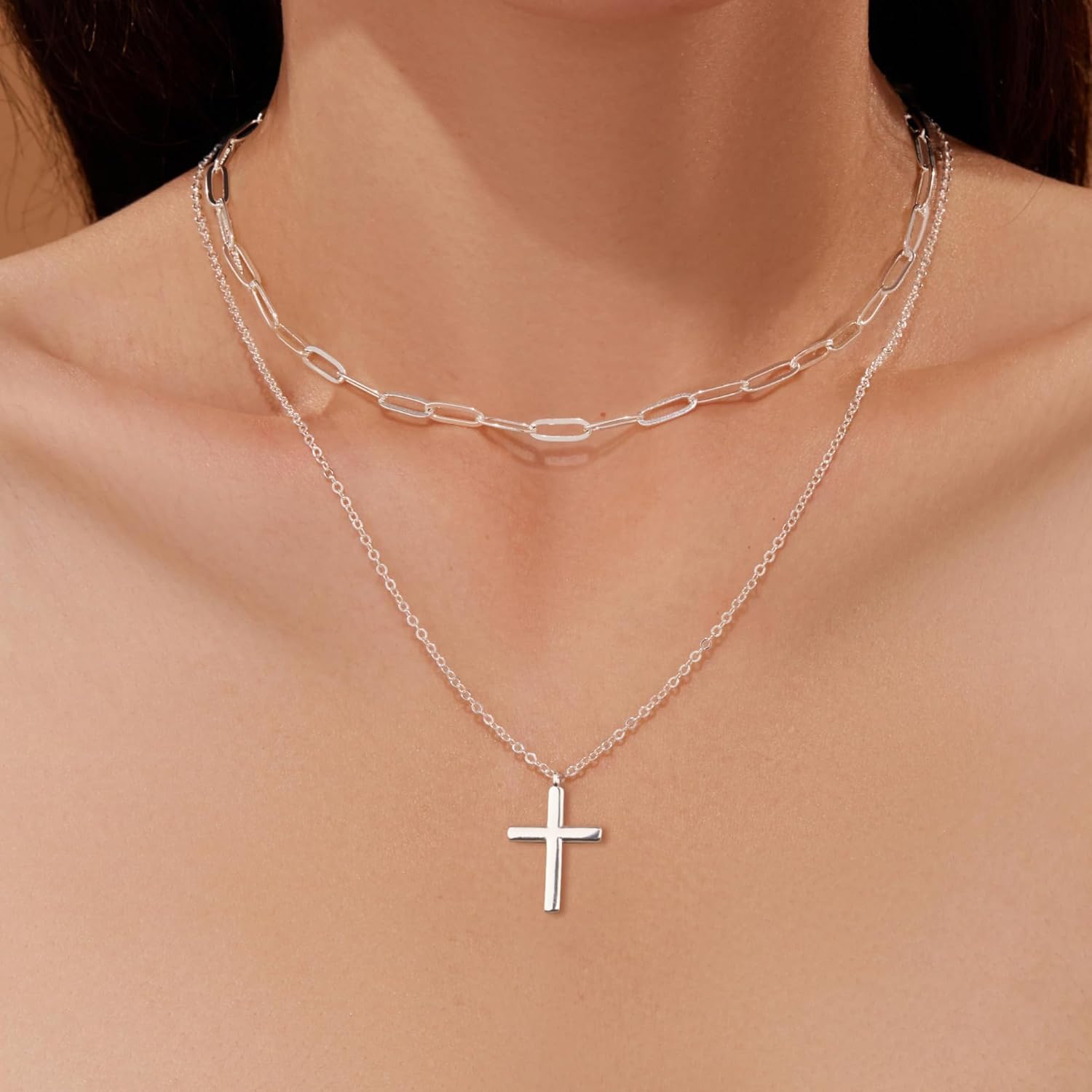 ALEXCRAFT Collana Girocollo Con Croce E Strass | Argento E Oro Rosa | Sottile Catena Doppia Con Brillantini | Donna - 2