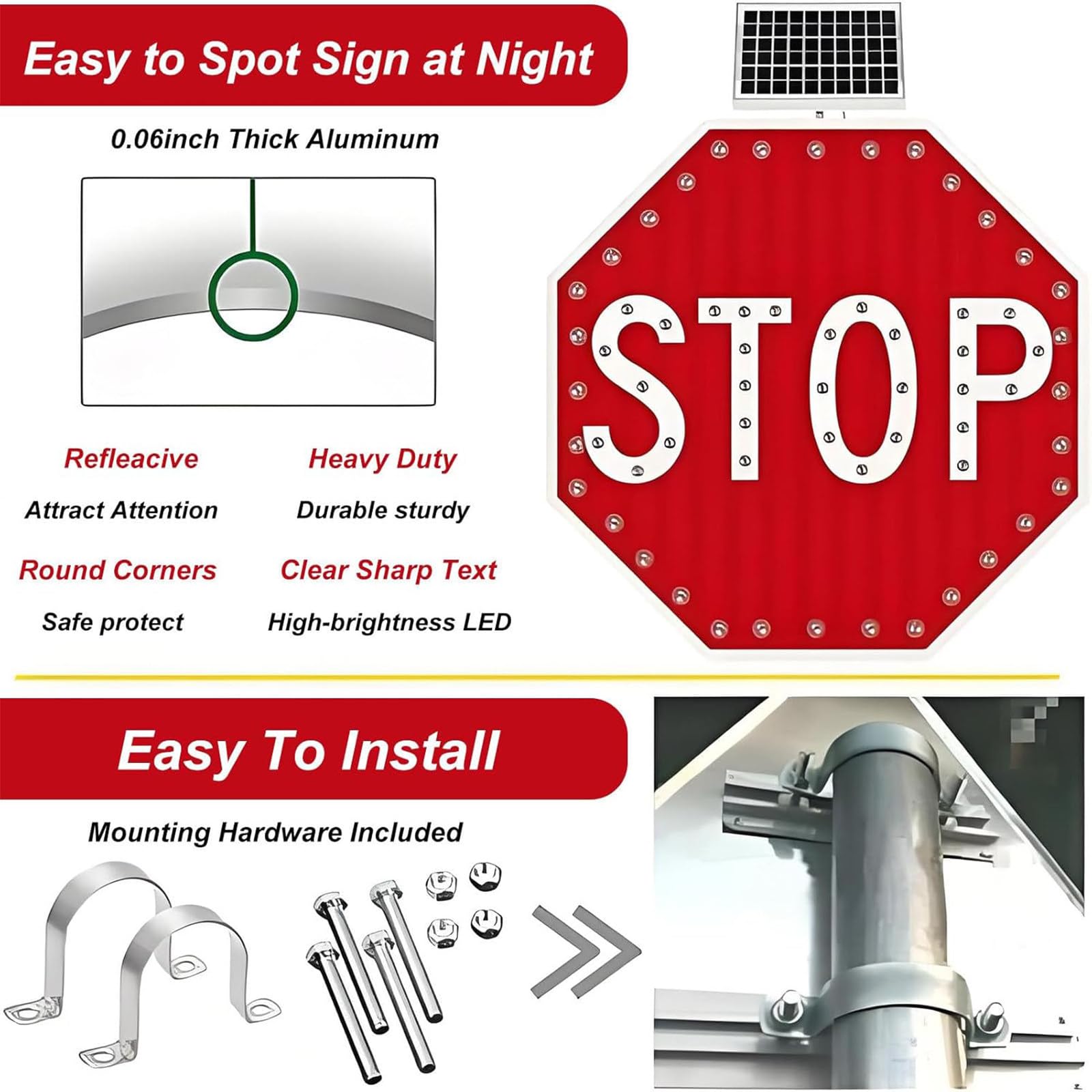 Segnale di Stop ad energia Solare, Segnale di Stop Lampeggiante a LED, segnaletica di Avvertimento per Il Traffico pedonale in Alluminio, Pellicola Riflettente di qualità Tecnica 30in
