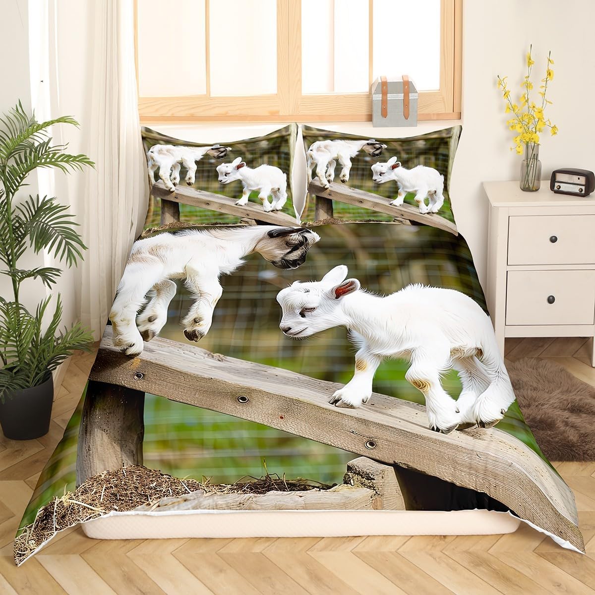 Erosebridal Kid Duvet Cover Queen Size Goat Comforter Cover Sheep Quilt Cover for Child Boys Girls Teens Farmhouse Animal Bedding Set for Kids Room Dorm Decorative, Stylish Duvet Cover, Green
