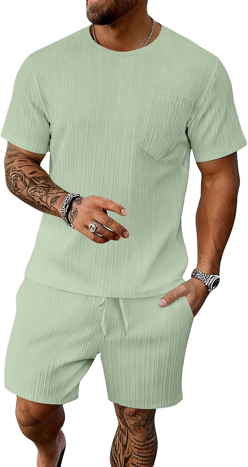 Bealin Men's Summer Beach Outfits 2 Piece Vintage Short Sleeve T Shirts and Shorts Vacation Texture Sets