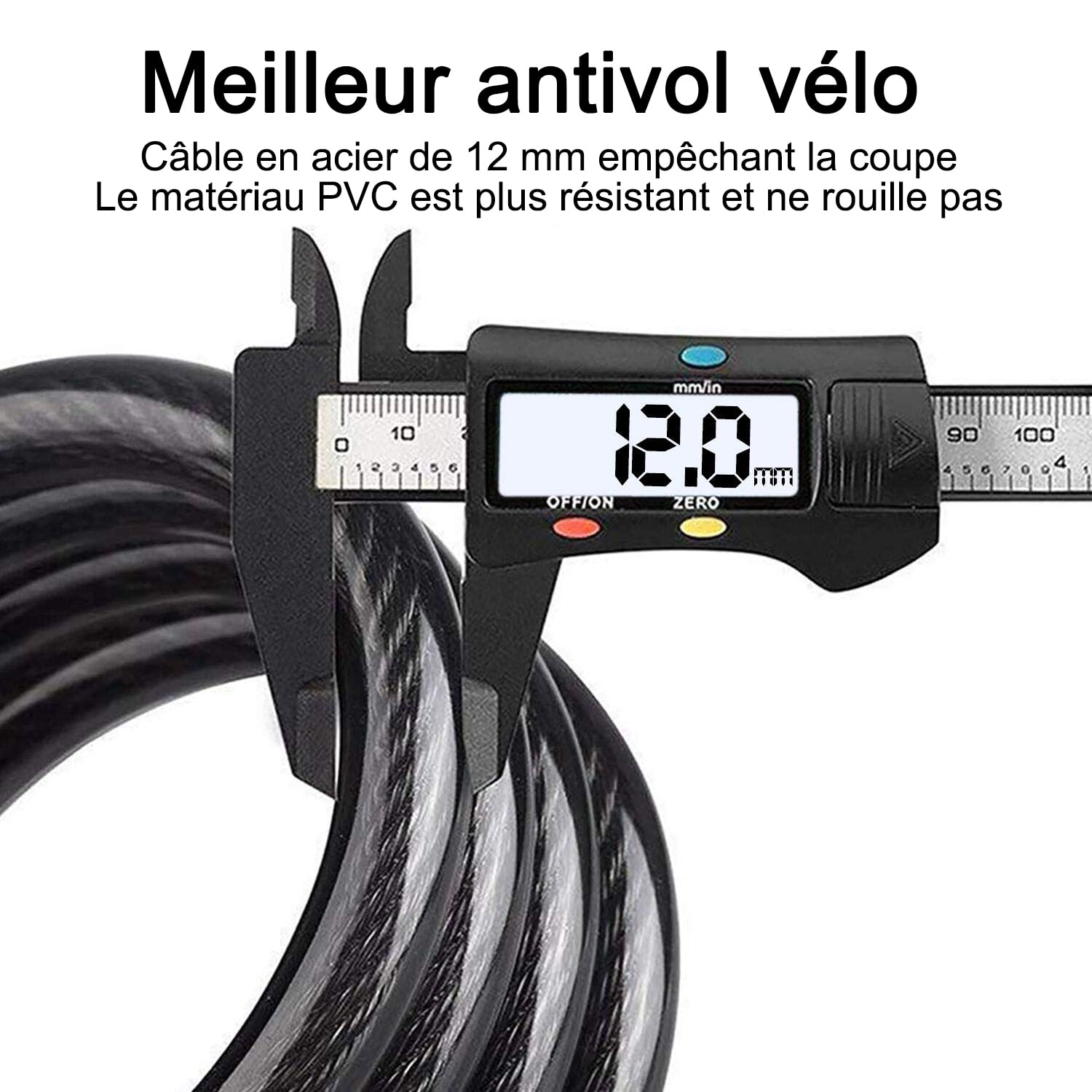 REHKITTZ Antivol Velo, 120 cm/12 mm, Niveau de Sécurité Très Élevé, avec Code Numérique à 5 Chiffres, Support de Vélo, Antivol pour Vélo, Tricycle, Scooter, Vélo