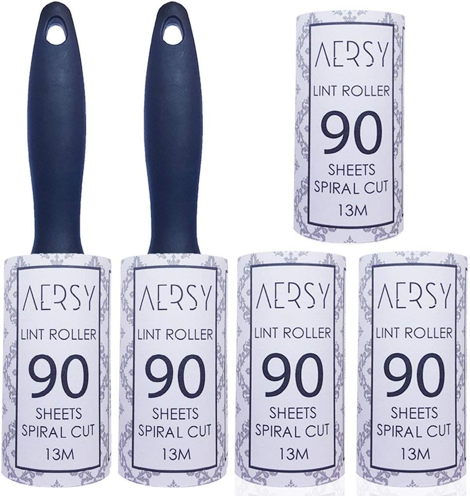 Lint Roller Set. 450 Sheets! 65 Meters! 90 Sheets Per Roll. Easy Peel, Extra Sticky. Quickly removes Pet Hair, Dirt, Dust and Fluff from Clothes, Car Seats, Upholstery and Floors.