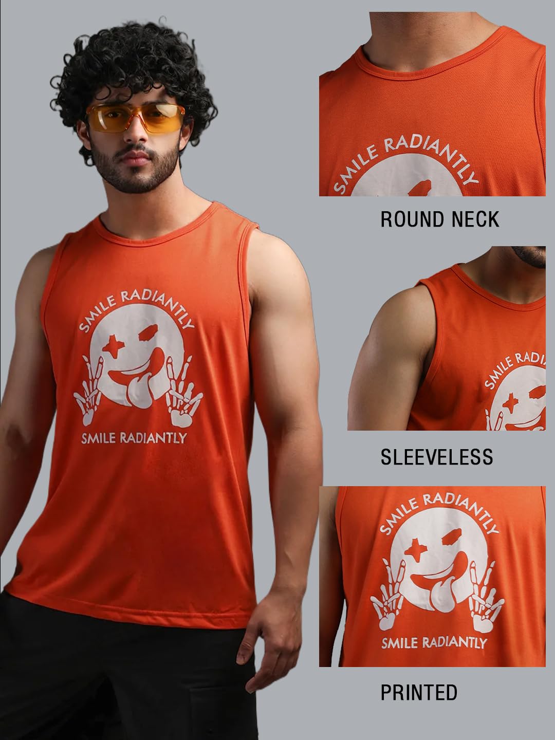 CHKOKKO Tank Tops Sleeveless T-Shirt for Men Gym Wear Graphic Printed Stylish Round Neck Workout Fitness & Casual or Beach Wear Orange L 1