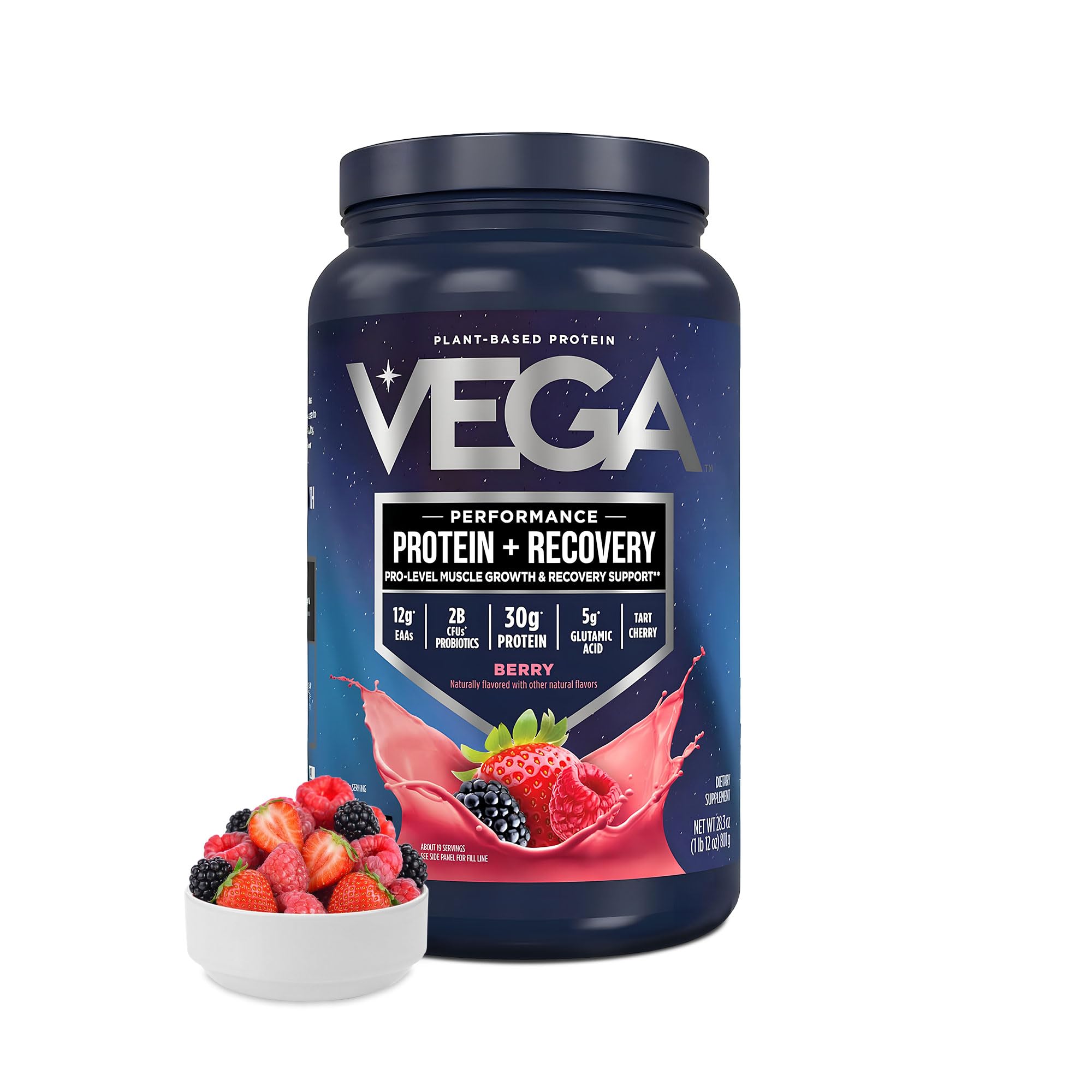 Vega Sport Vegan Protein Powder + Recovery - 30g Plant Based Protein per Serving, Berry, 19 Servings, 5g BCAAs, Probiotics, NSF Certified, for Shakes & Smoothies, 1.8lbs (Packaging May Vary)