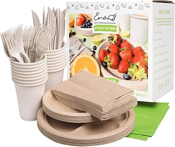 Eco-friendly Camping Supplies [16 Dinnerware Set] for Picnic Basket & Party Supplies. Compostable Paper Plates, Napkins, Biodegradable Utensils, Cups, Green Tablecloths, by Earths Natural Alternative