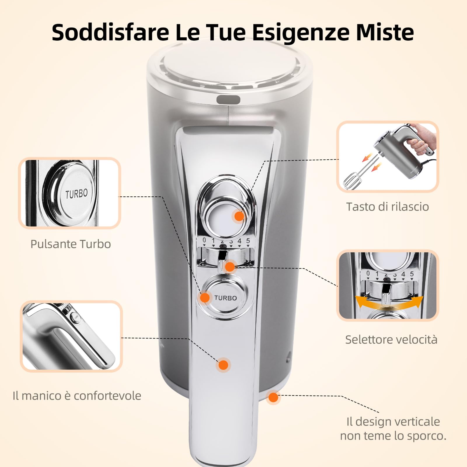 Aigostar Adela - Sbattitore Elettrico, Potenza di 400 W, 5 Velocità Regolabili e un Pulsante Turbo, una Staffa Portaoggetti, 2 Fruste e 2 Ganci. Color Argento