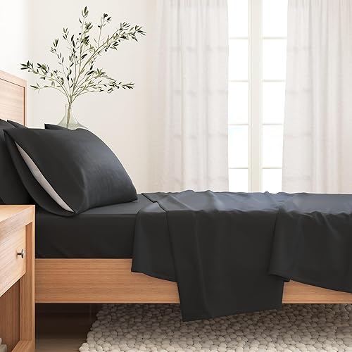 Miniatura 3 de Great Bay Home Juego de sábanas de franela de invierno de 4 piezas, 100% algodón turco, tamaño matrimonial, color negro, sábanas y fundas de