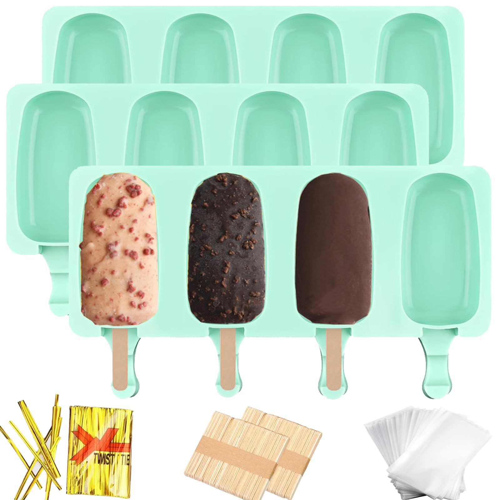 Set di 3 stampi grandi in silicone per ghiaccioli, 4 cavità, stampi ovali per gelato, gelato, torte, torte, con 100 bastoncini di legno, 100 sacchetti e 100 fascette a torsione (verde)