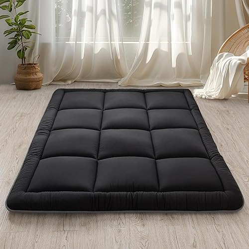 WhatsBedding Colchón japonés de 3 pulgadas, tapete de tatami negro relleno de espuma viscoelástica triturada, plegable y portátil, tumbona