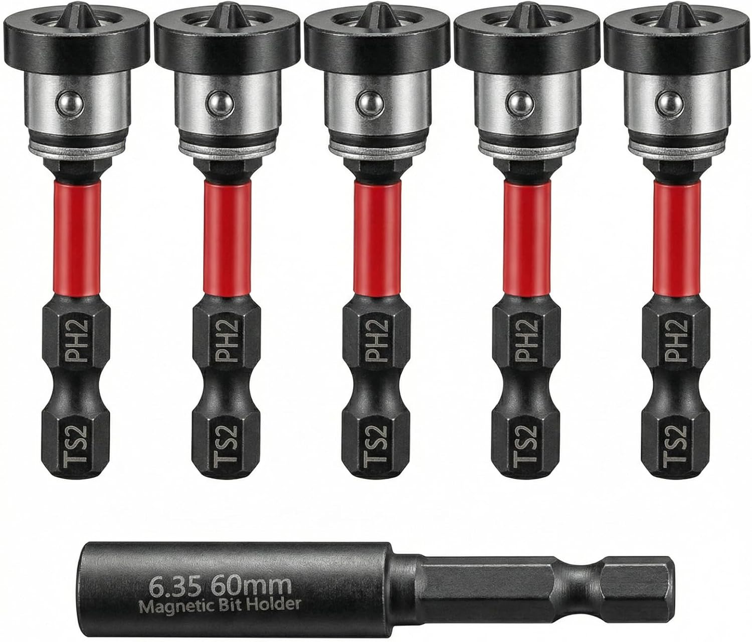 5Pcs Magnetic Drywall Screw Setter Bits with Adapter, PH2 Adjustable Depth with Removable Aluminum Collar, S 2 Steel Hex Shank for Plasterboard Screws
