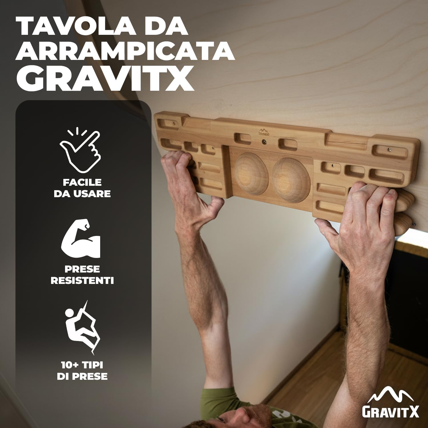 GravitX – Tavola da Arrampicata in Legno 65 cm – Fingerboard da Allenamento con Multiprese 18 a 45 mm – Montaggio a Muro con Gancio di Sicurezza e Piastre in Gomma