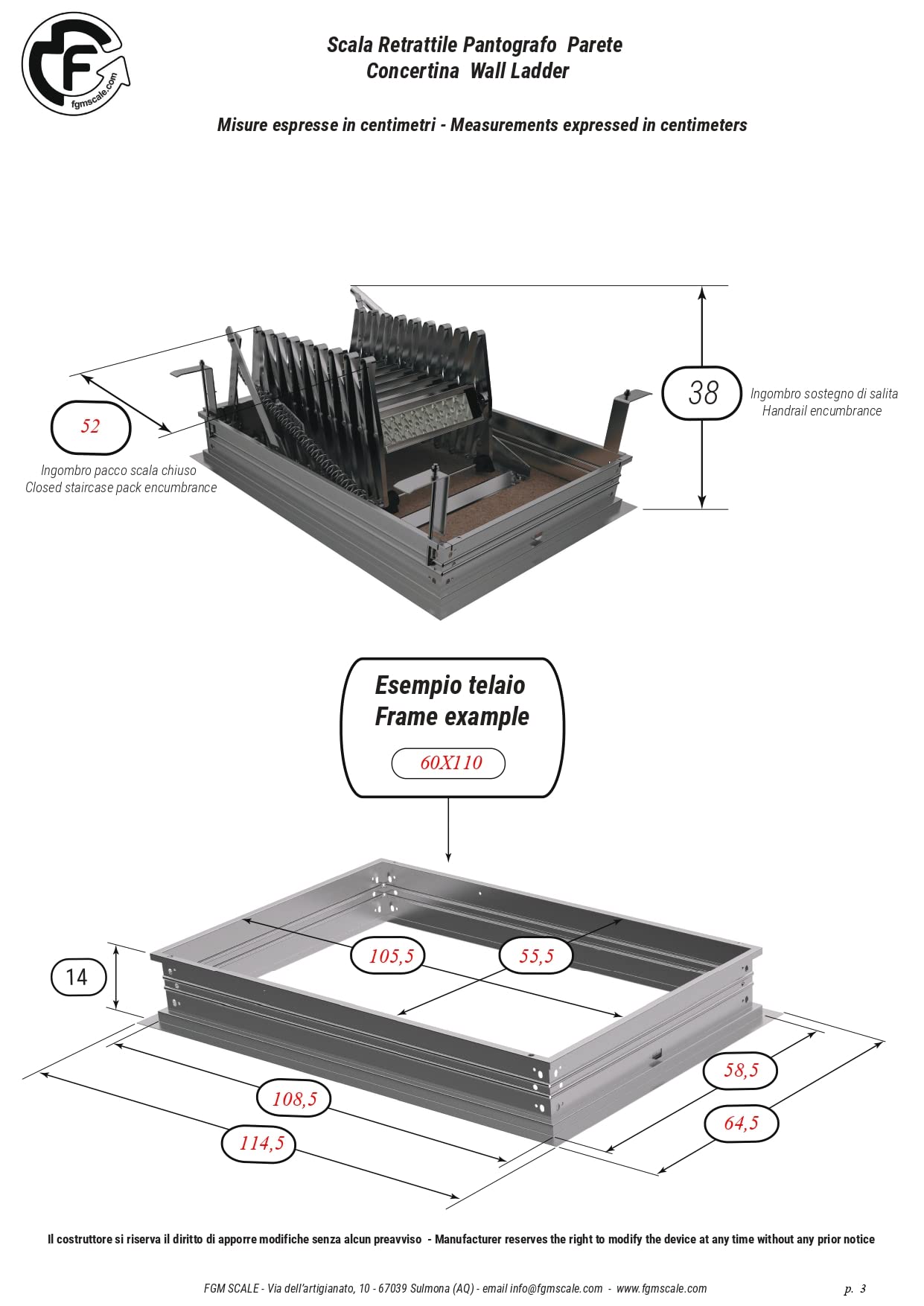 Scala Retrattile Pantografo Parete | Gradino Lato 60 | Misura 60x90 H=276-300 cm