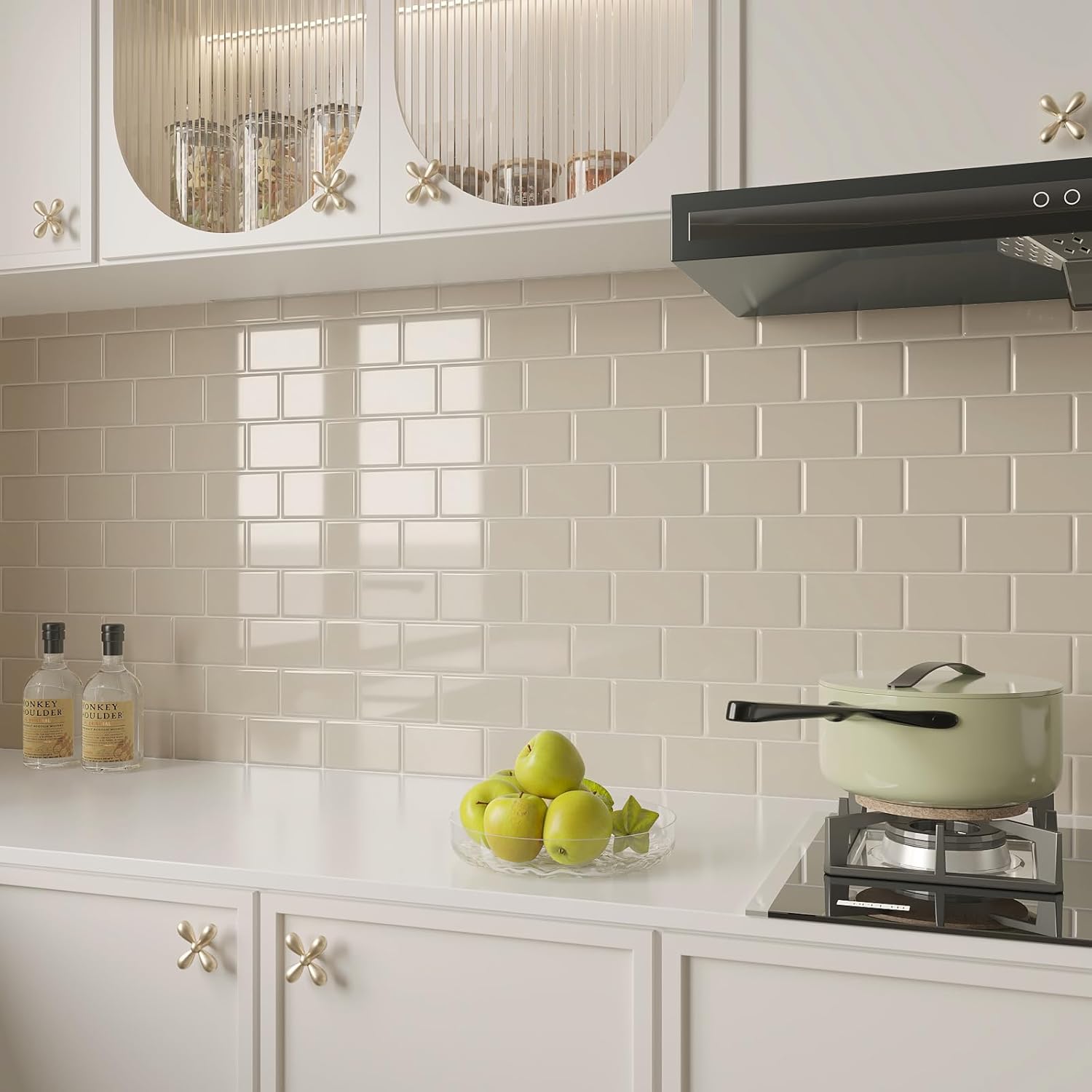 VEELIKE 12 Sheets Pastel Beige Subway Peel and Stick Backsplash Tile Waterproof Back Splash Stick on Tiles for Kitchen 12''x12'' Self Adhesive Removable Peel and Stick Wall Tiles for Bathroom Shower