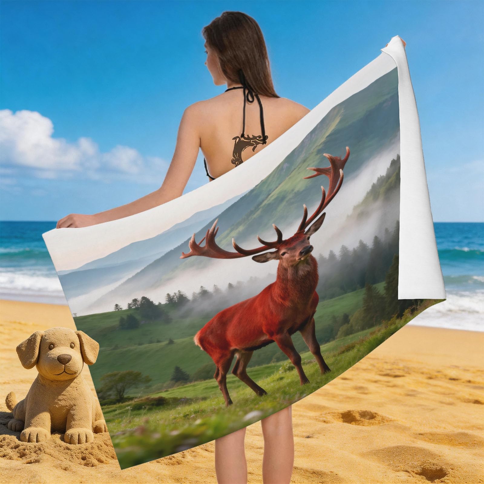 Leichong 3D Deer Beach Towel Microfiber Soft Quick Dry for Adults, Wild Animals Bath Towel Lightweight Soft Absorbent for Travel Swimming Pool Sports, 75 x 150 cm