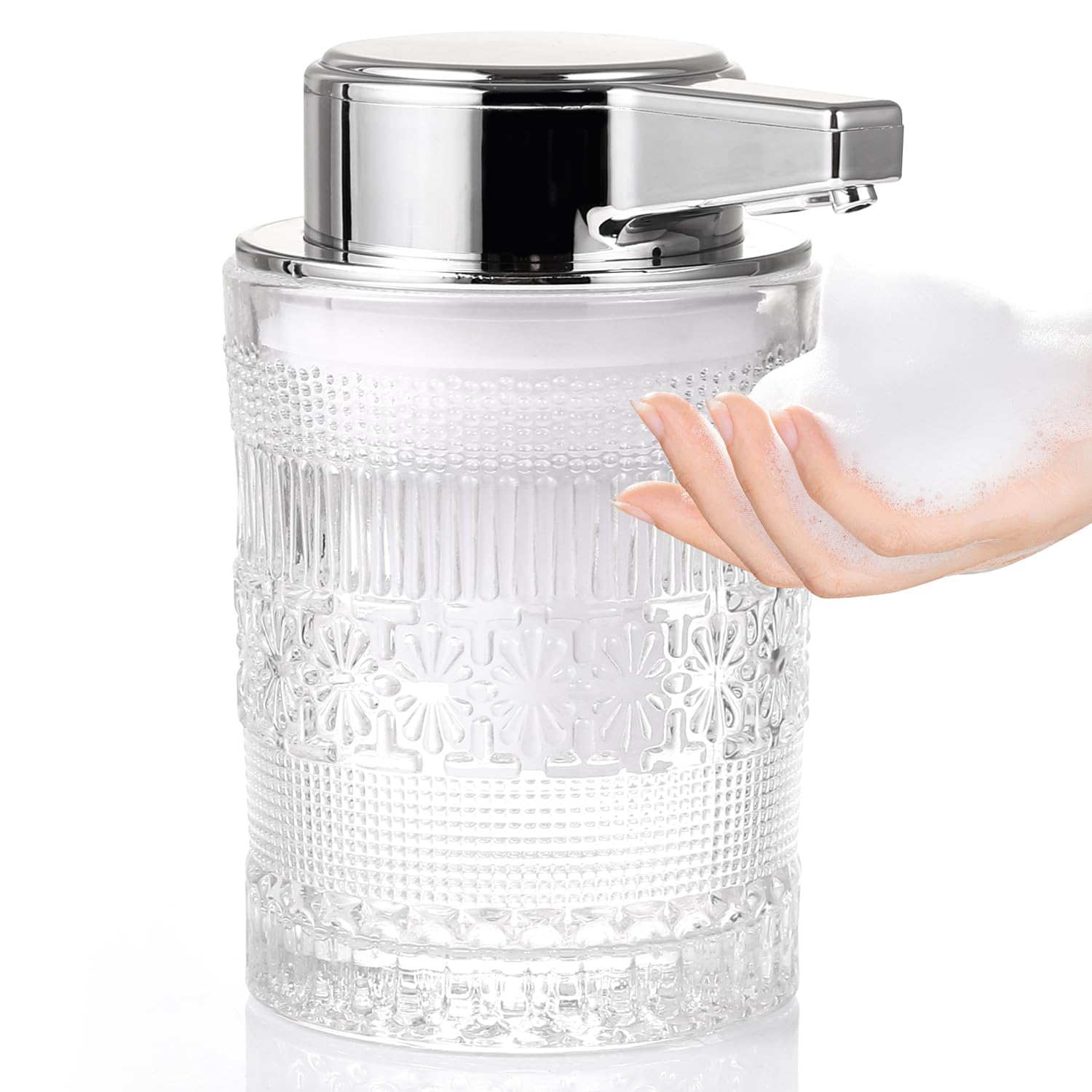Automatic Soap Dispenser, Foaming Hand Soap Dispenser, Touchless Refillable Clear Glass Soap Dispenser with Pump, Retro Design, Electric Dish Soap Dispenser for Bathroom, Kitchen